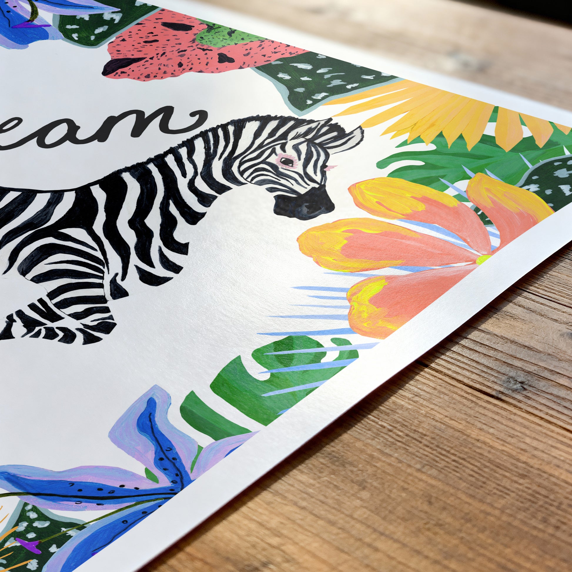 Colorful illustration of a zebra and flowers on a wooden surface