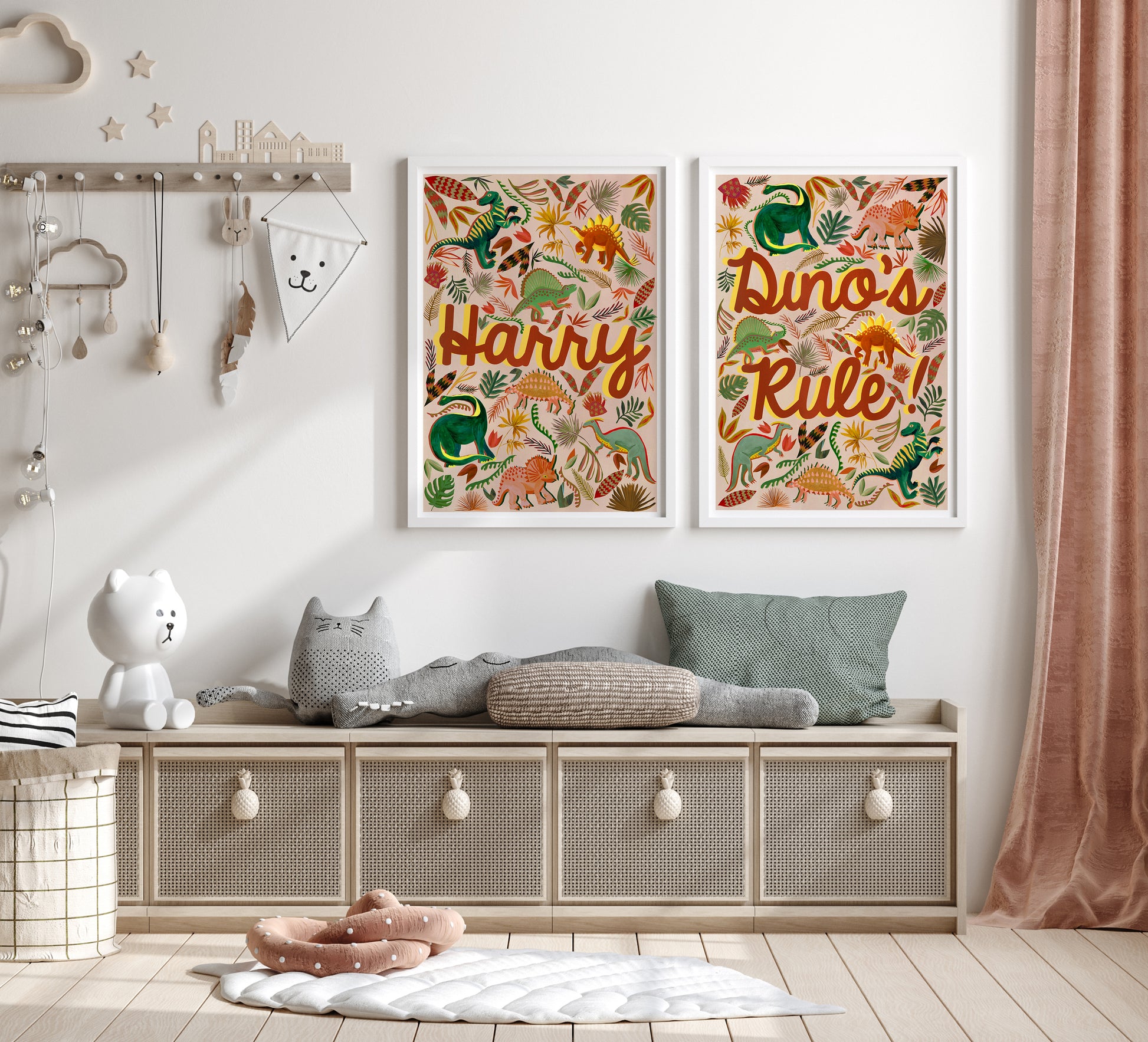 Children's room with dinosaur-themed wall art and storage bench.