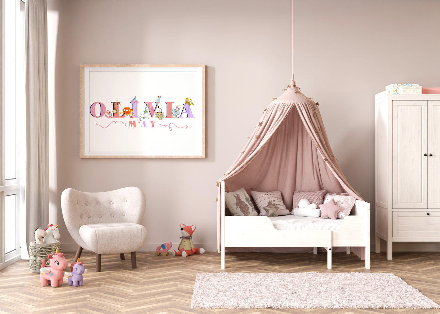 Children's bedroom with a canopy bed, chair, and framed name artwork with fairytale illustrations on a light pink wall.