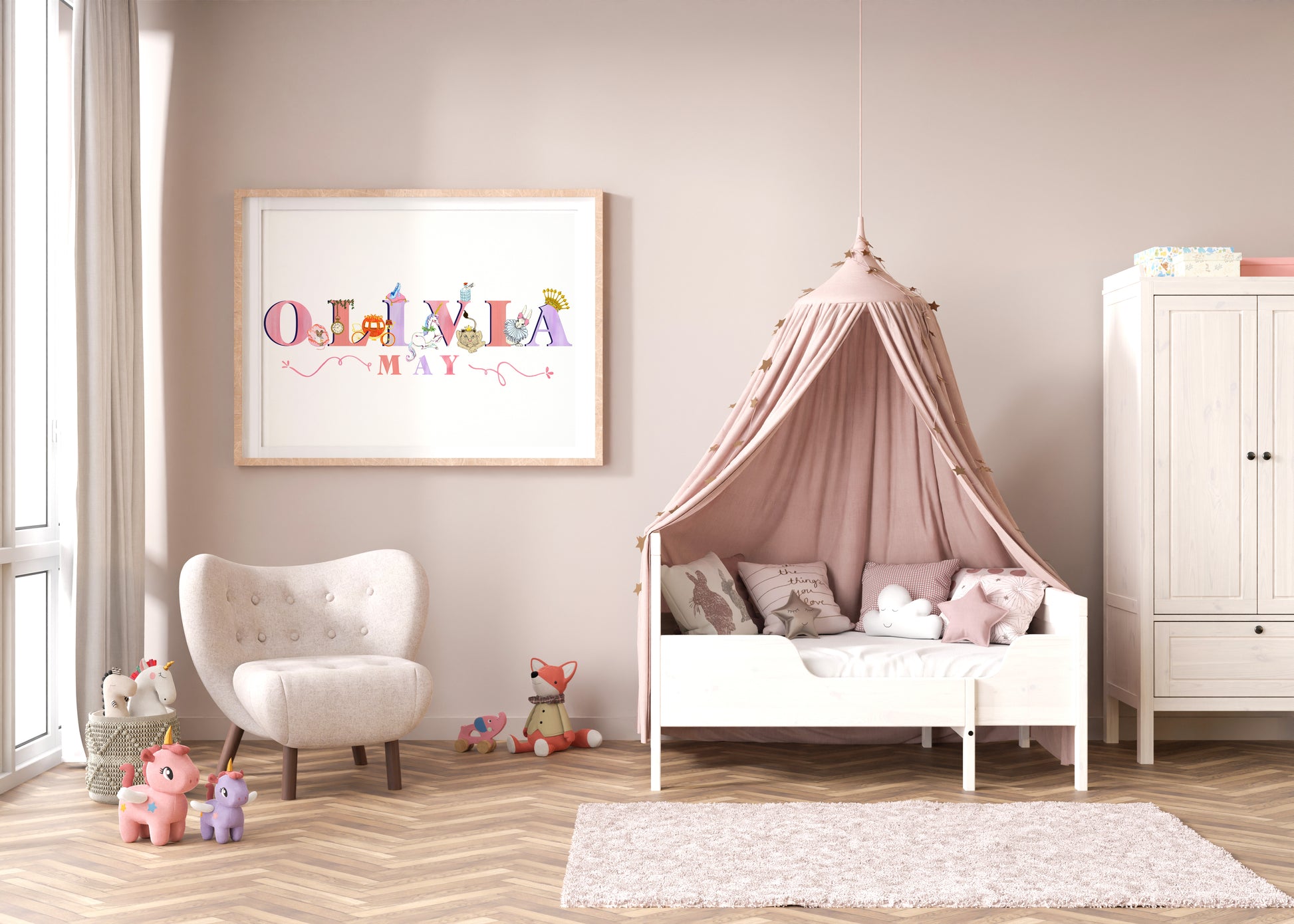 Children's bedroom with a canopy bed, chair, and framed name artwork with fairytale illustrations on a light pink wall.