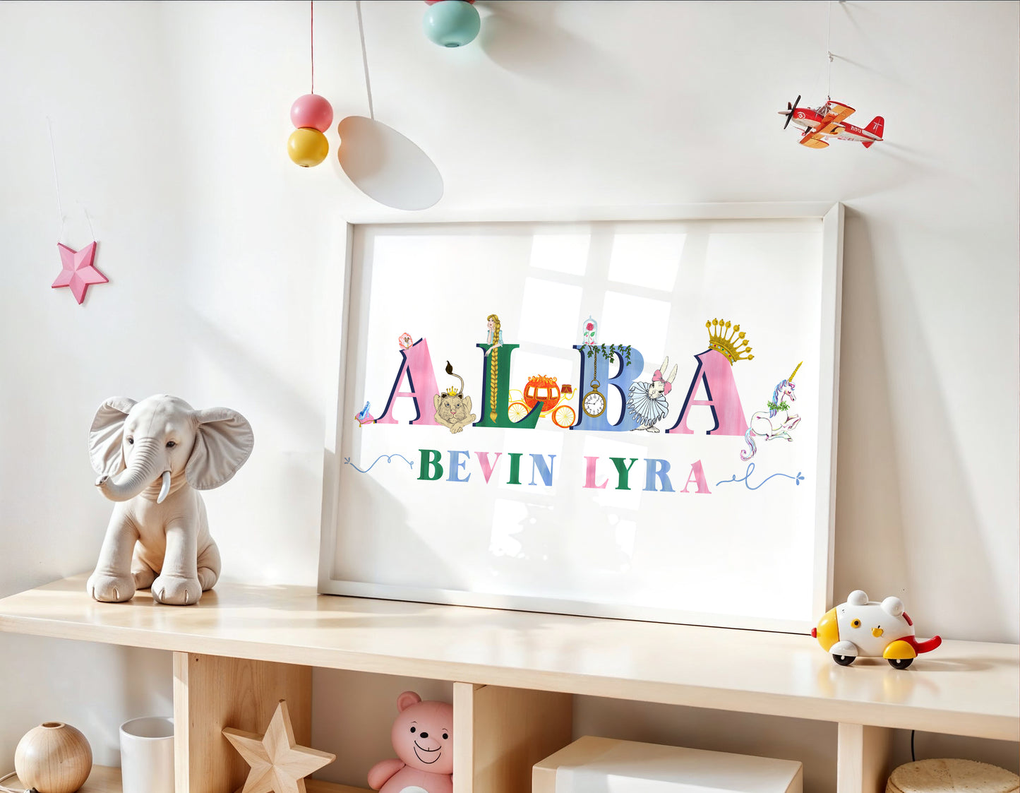 Children's room with colorful name wall art, toys, and a shelf.