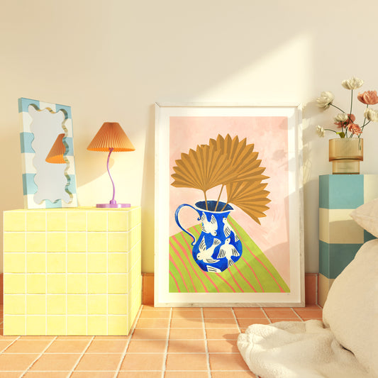 Decorative room interior with a colorful abstract painting on a wall.