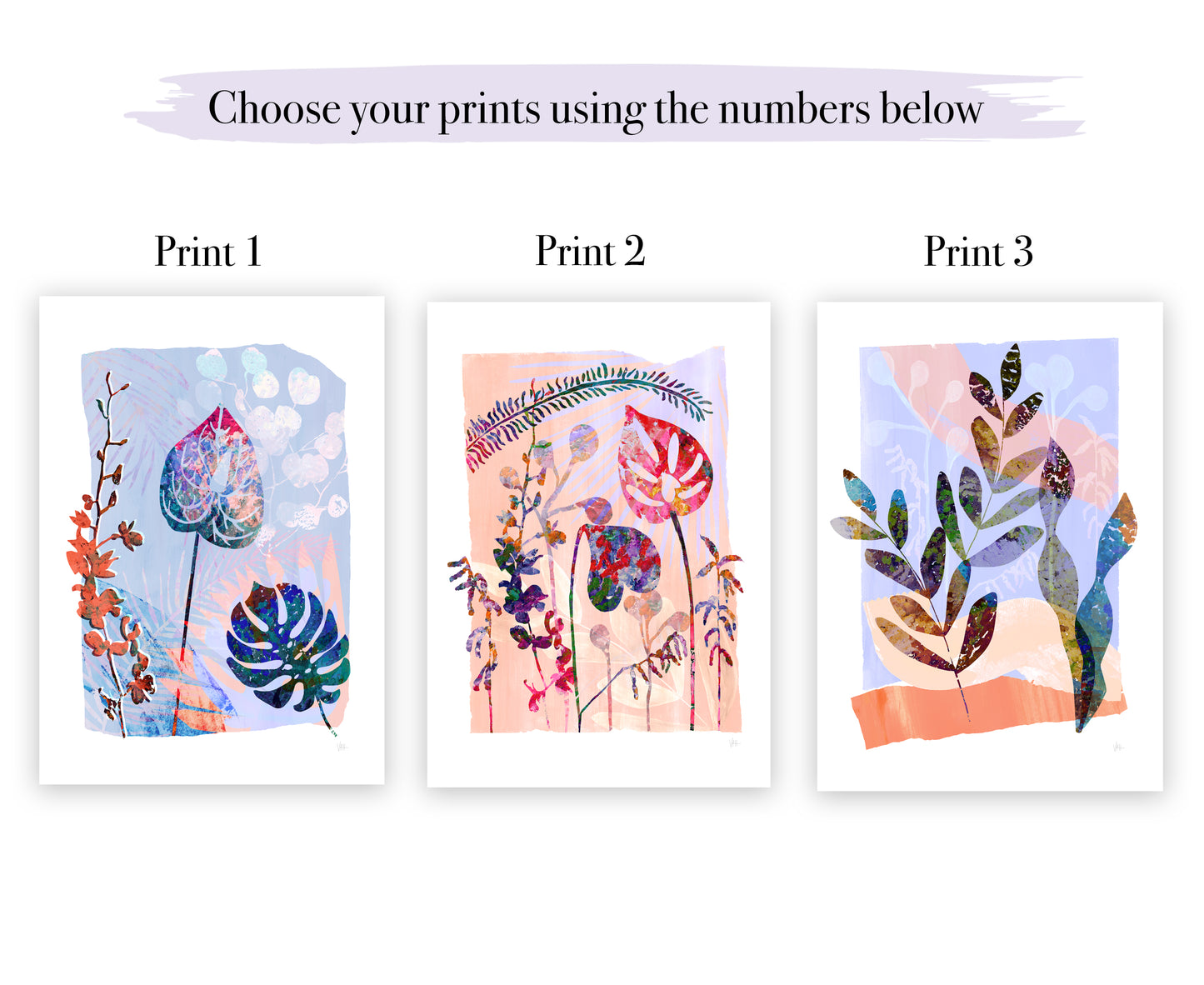 Three floral prints with colorful designs on a white background