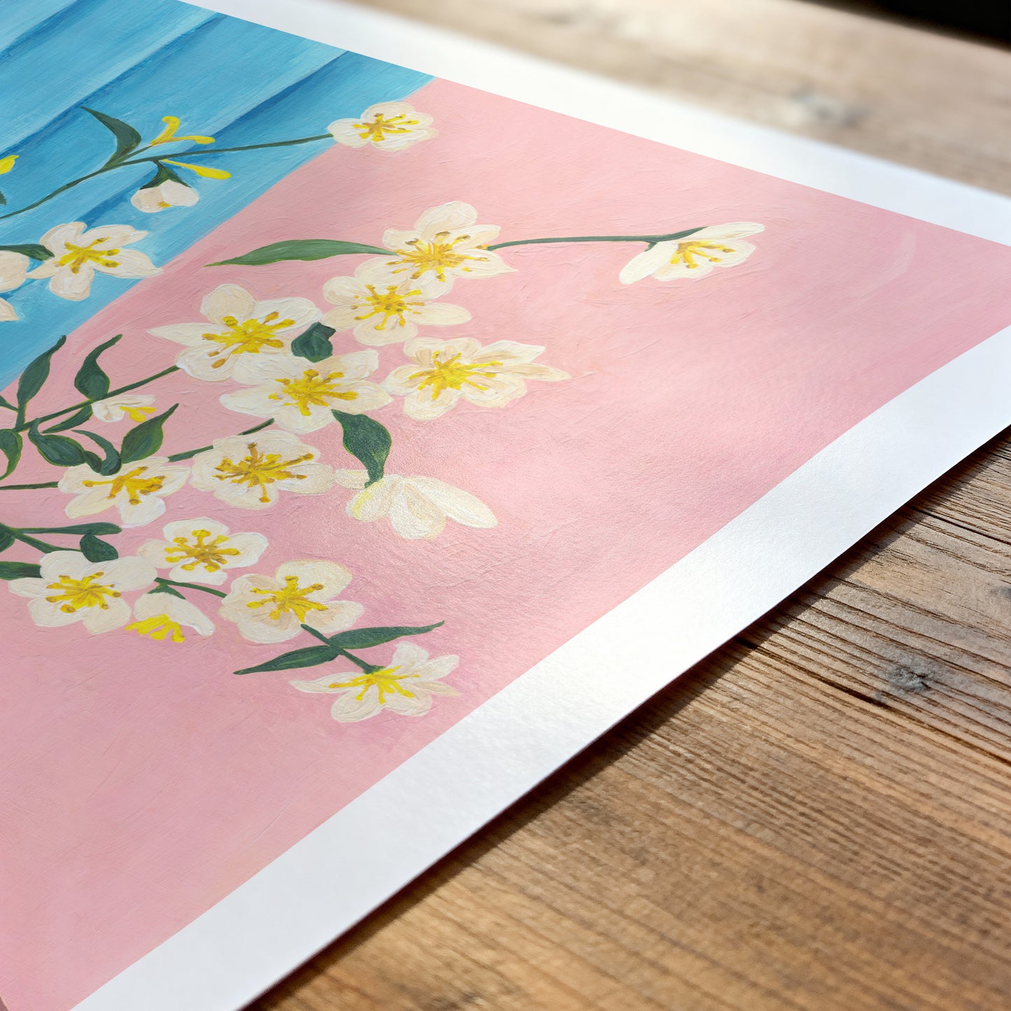 Floral design on a colorful background with a wooden surface underneath