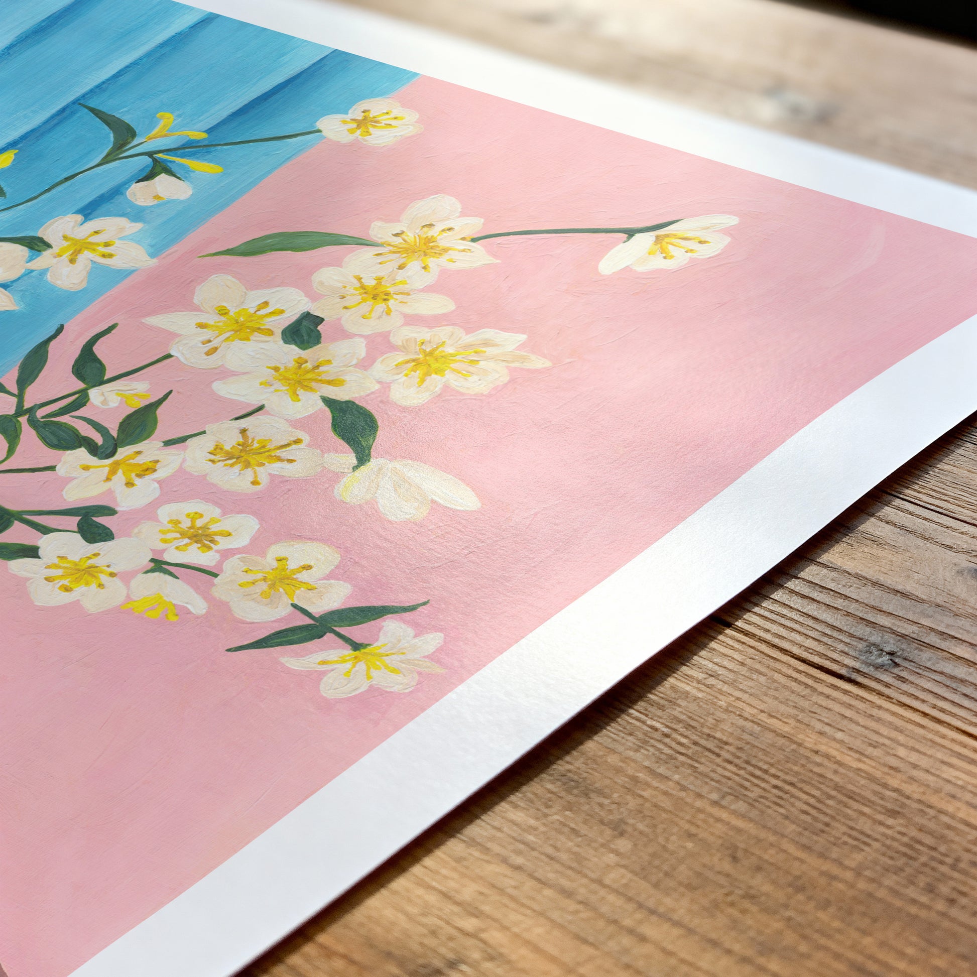 Floral design on a colorful background with a wooden surface underneath