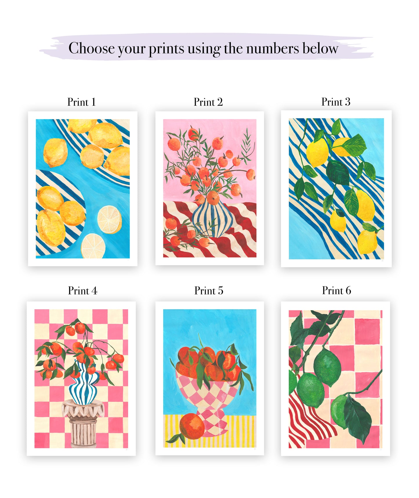 Set of six colorful prints with different designs on a white background.