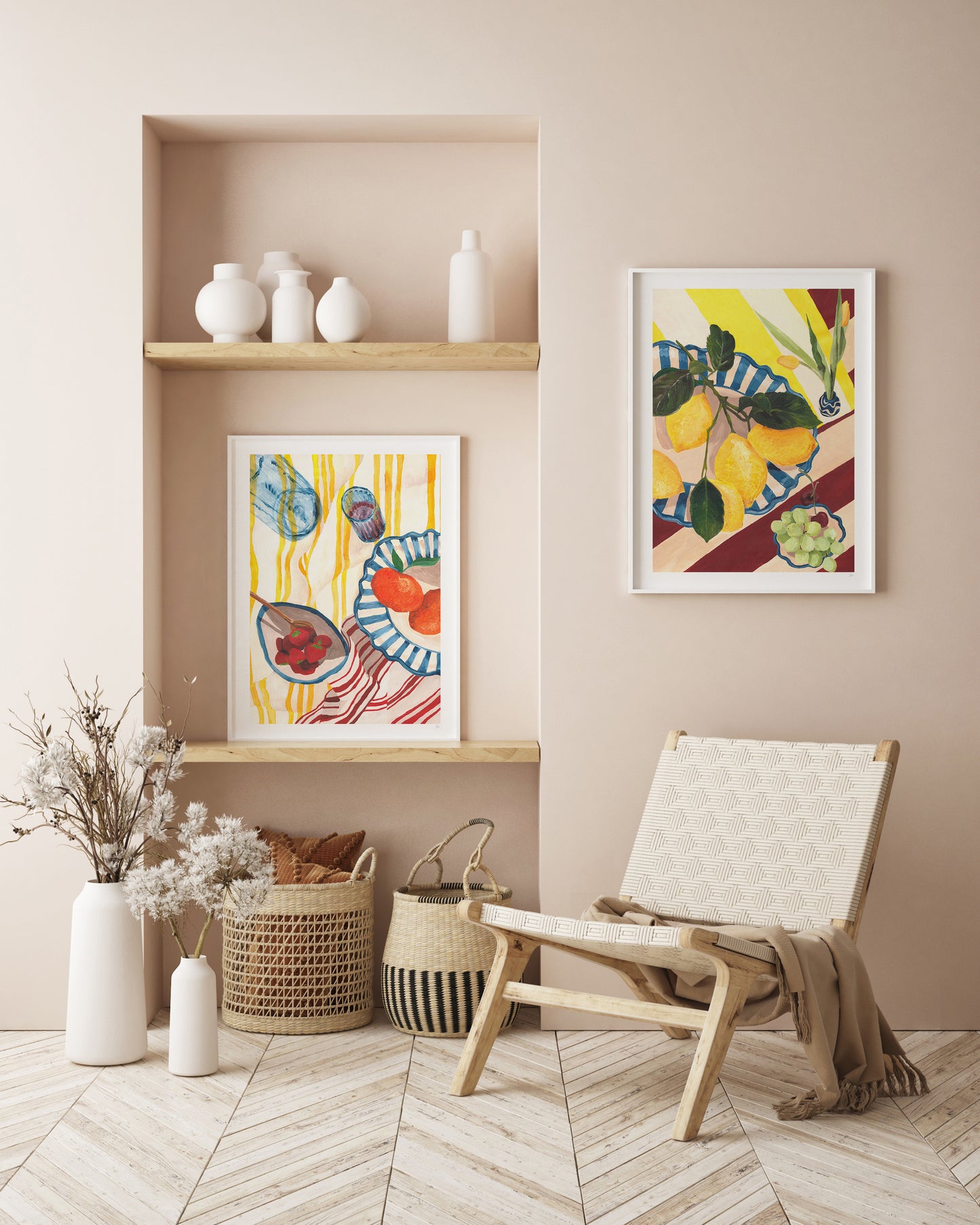 Modern interior with a chair, shelves, and colorful abstract art on a beige wall.