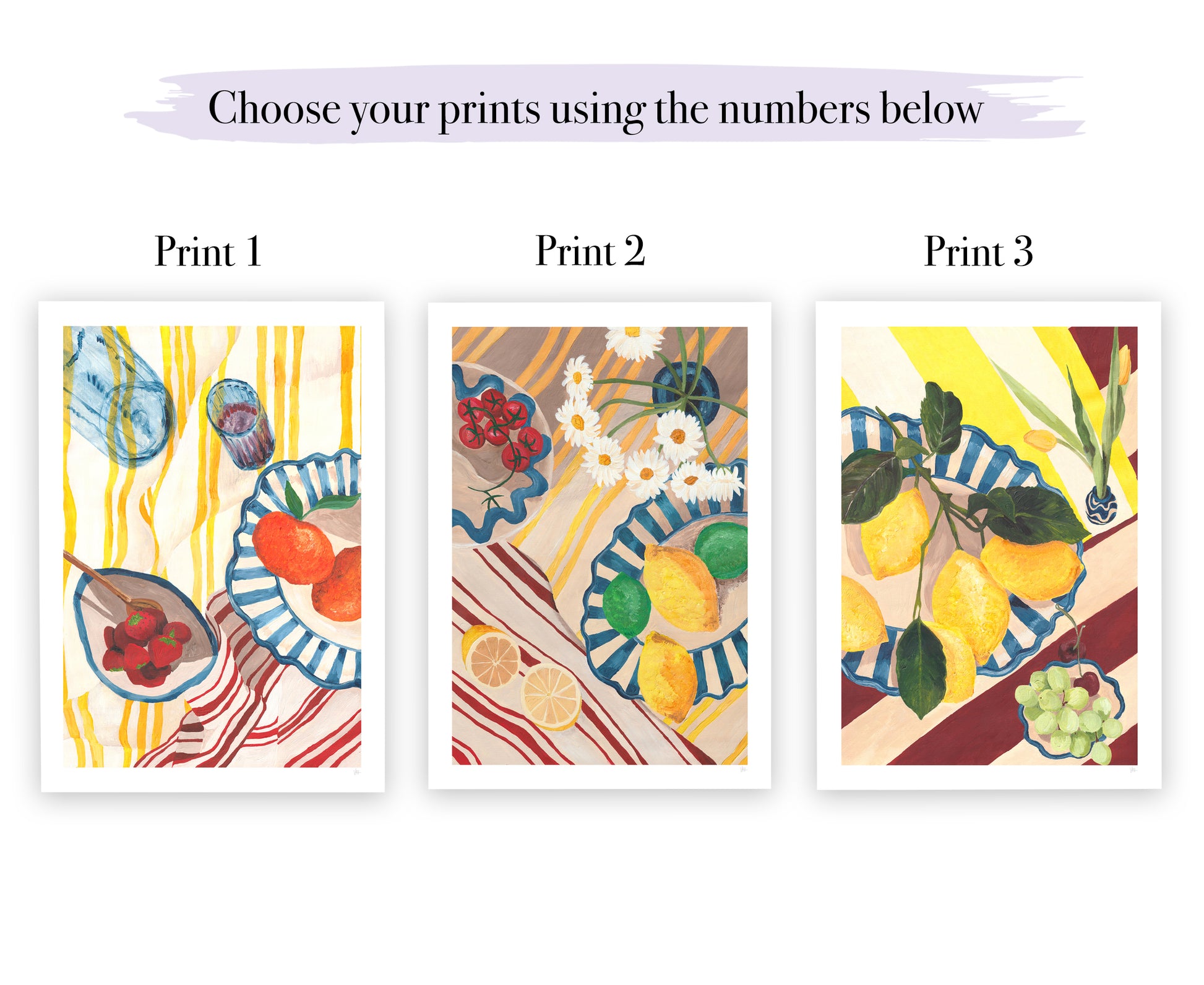 Three colorful prints with different designs on a white background