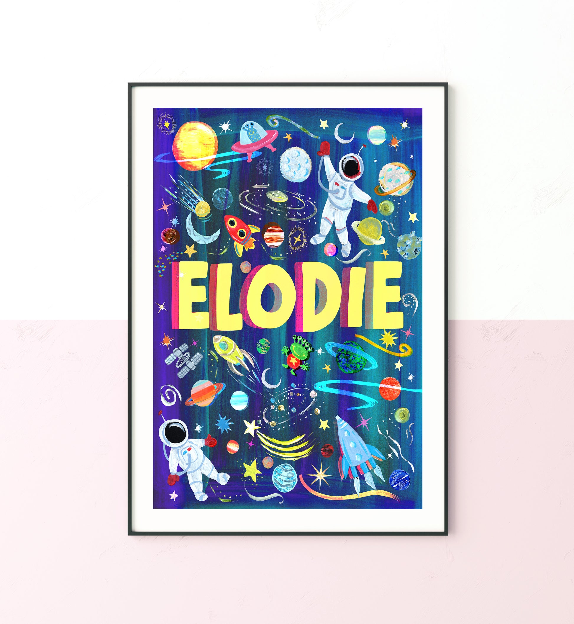 Colorful space-themed artwork with 'ELODIE' on a white background