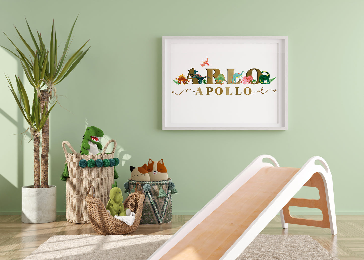 Children's room with a slide, toys, and a framed name art on the wall.