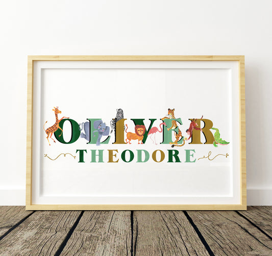 Framed artwork with colorful animal-themed letters spelling 'Oliver Theodore' on a white background.