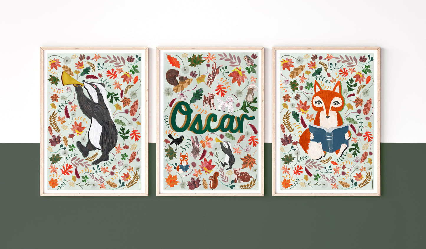 Three framed illustrations with a fox, a penguin, and a character named 'Oscar' on a white background.