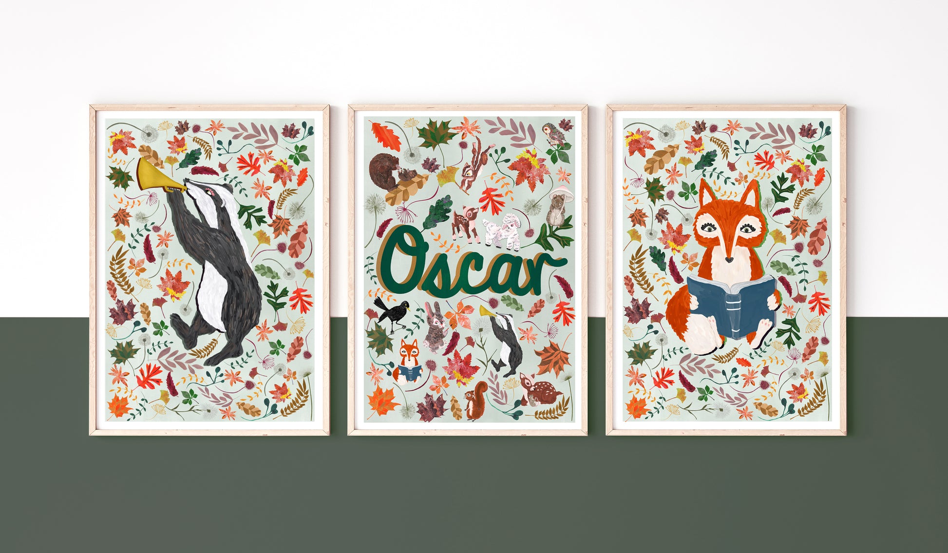 Three framed illustrations with a fox, a penguin, and a character named 'Oscar' on a white background.