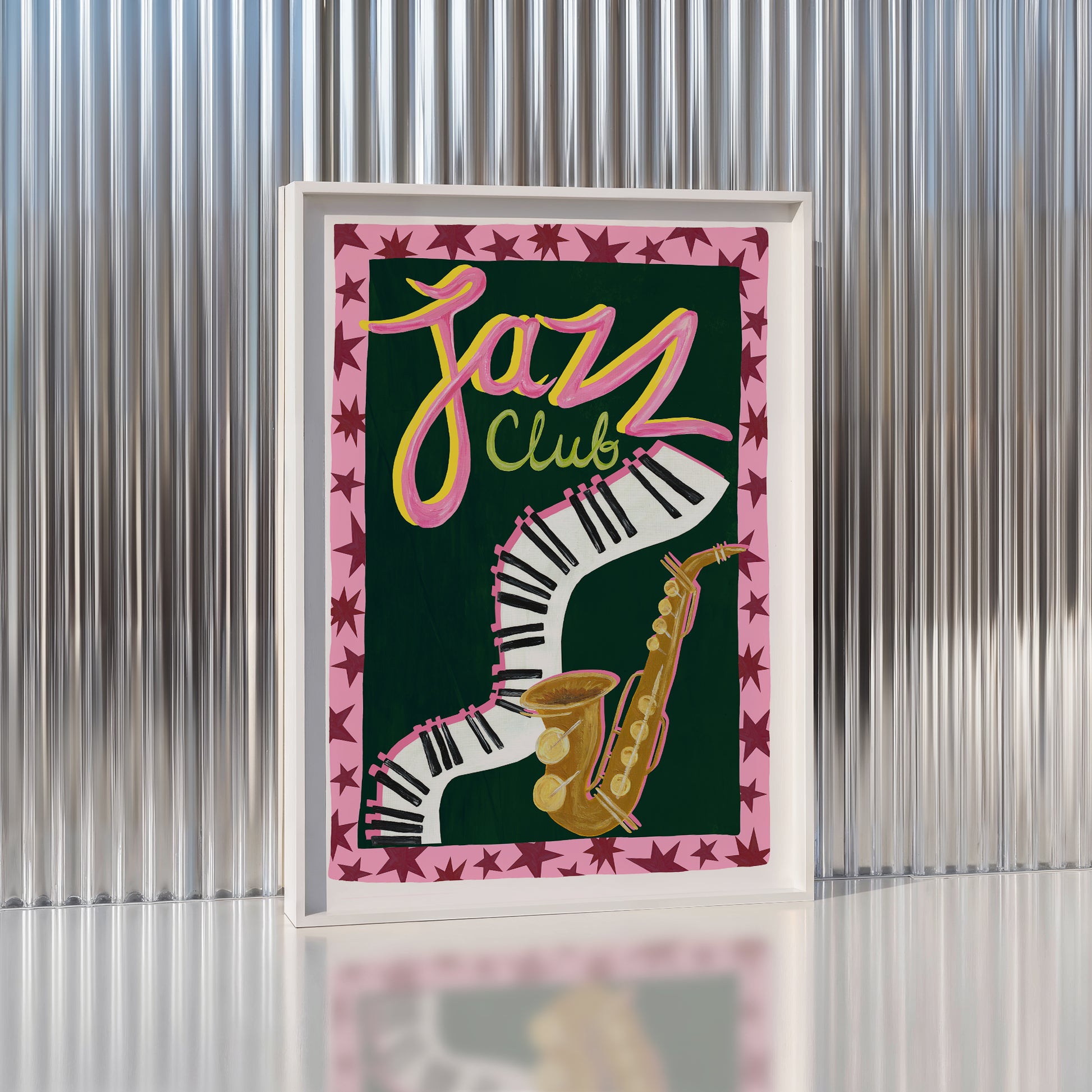 Framed artwork with 'Jazz Club' text and saxophone design on a green background.