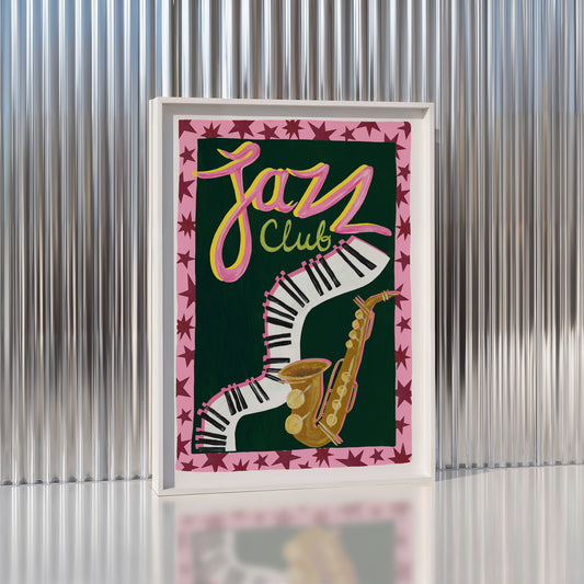 Framed artwork with 'Jazz Club' text and saxophone design on a green background.