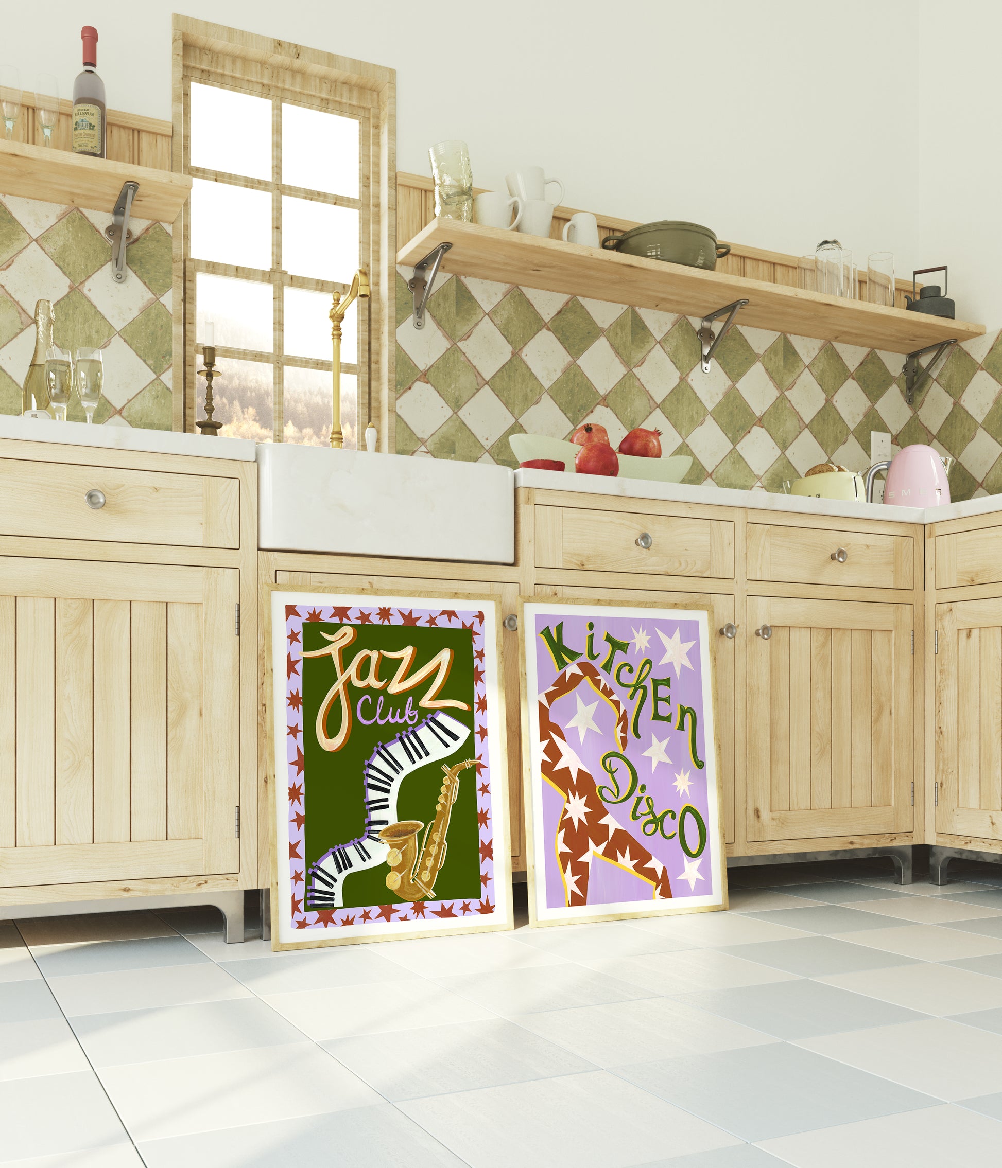 Kitchen with wooden cabinets and decorative posters on the floor.