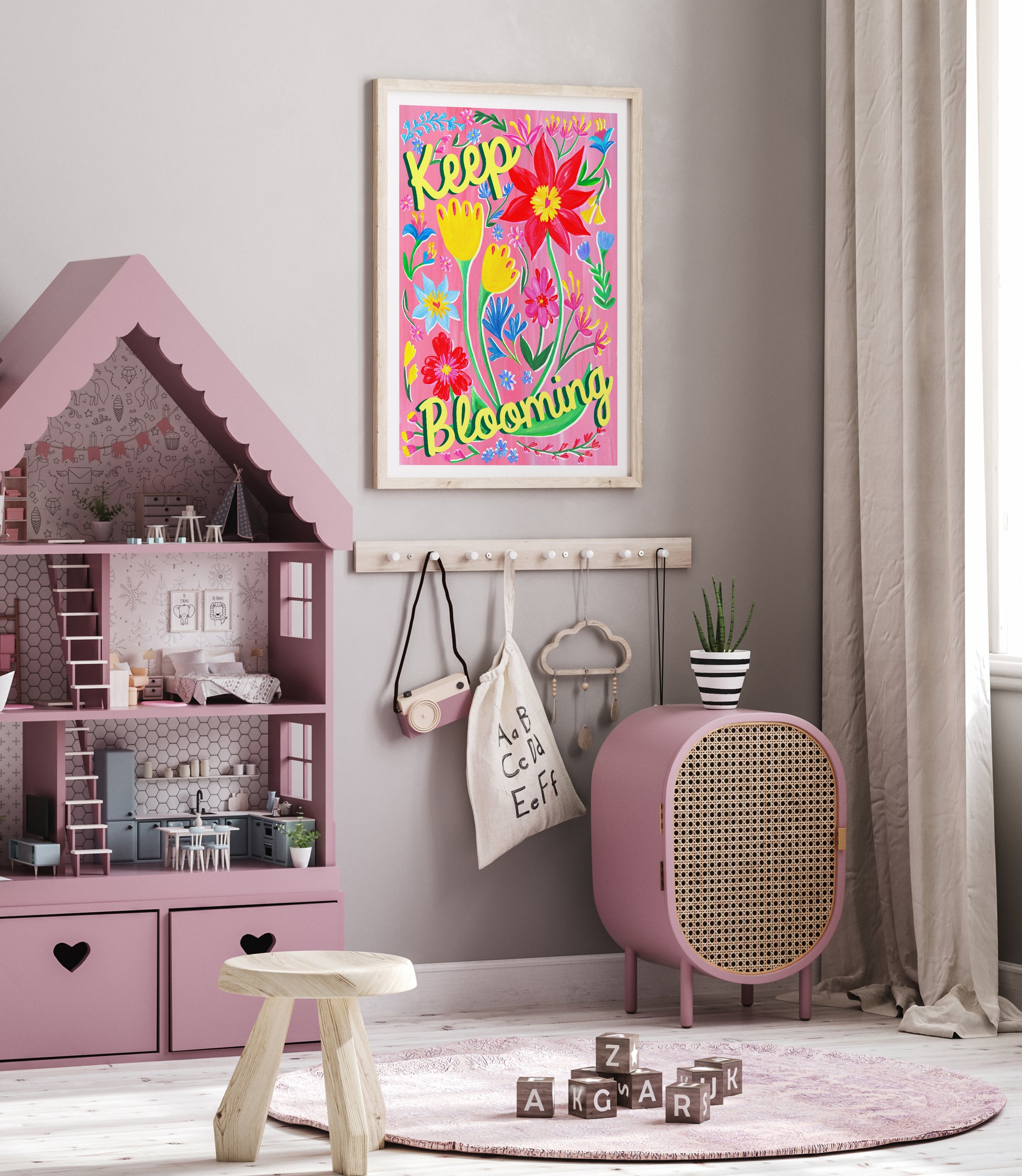 Children's room with pink dollhouse, colorful poster, and decorative items.