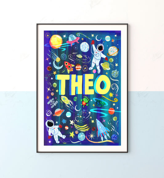 Colorful children's poster with space-themed illustrations and the name 'THEO' on a white wall.