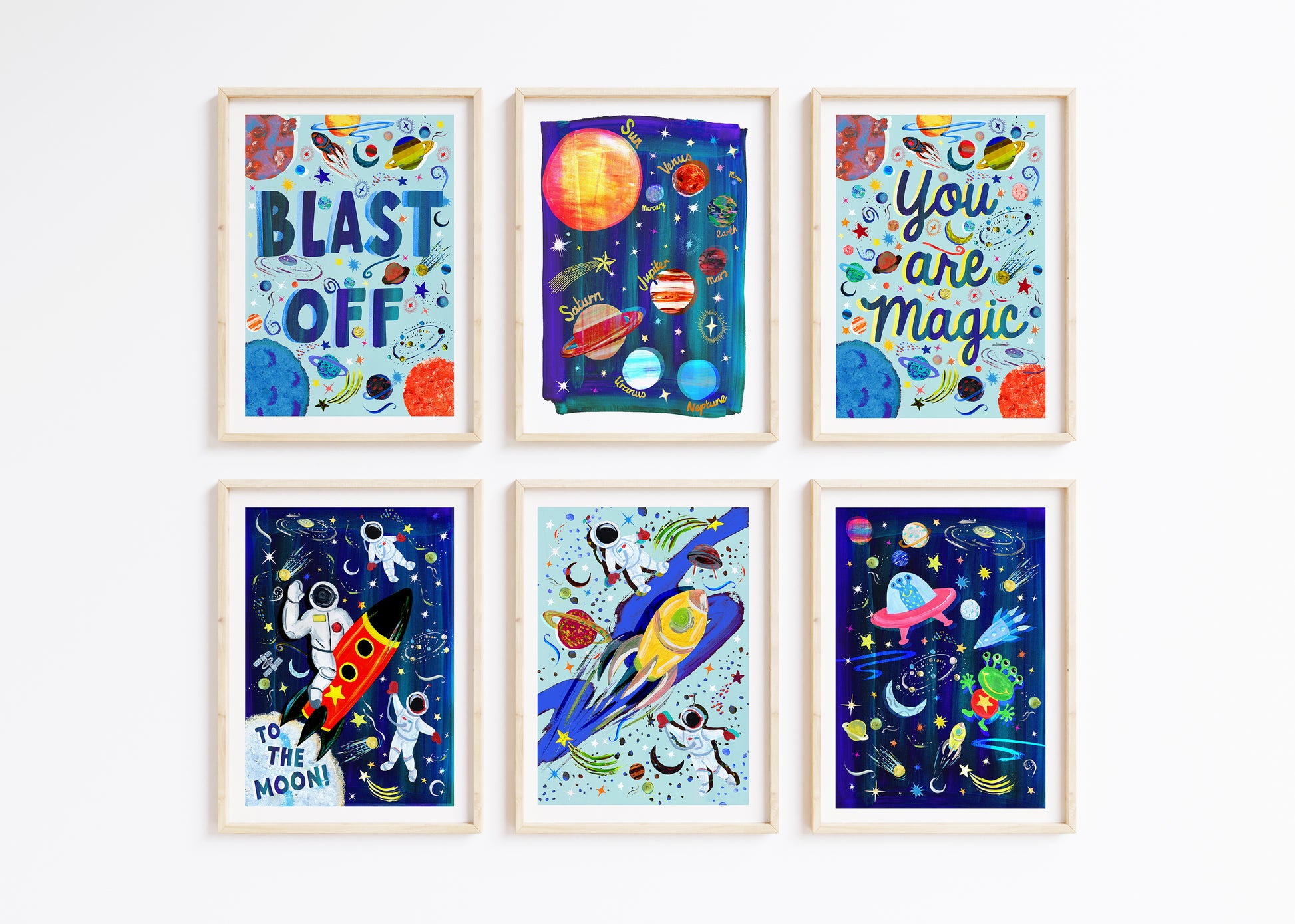 A set of colourful kids space prints dispalying planets, aliens, astronuats and stars all hand painted designs in a dark and light blue vibrant colours