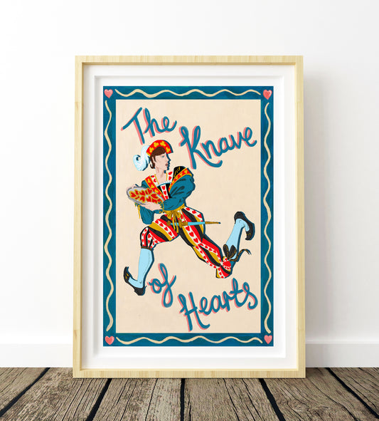 The Knave of hearts illustration in a light wood frame