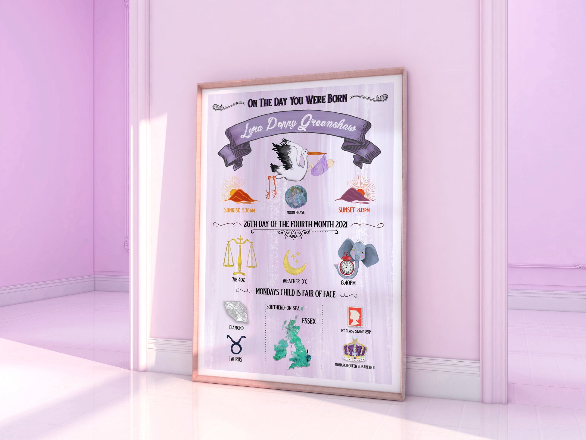 Framed poster with decorative elements on a pink wall