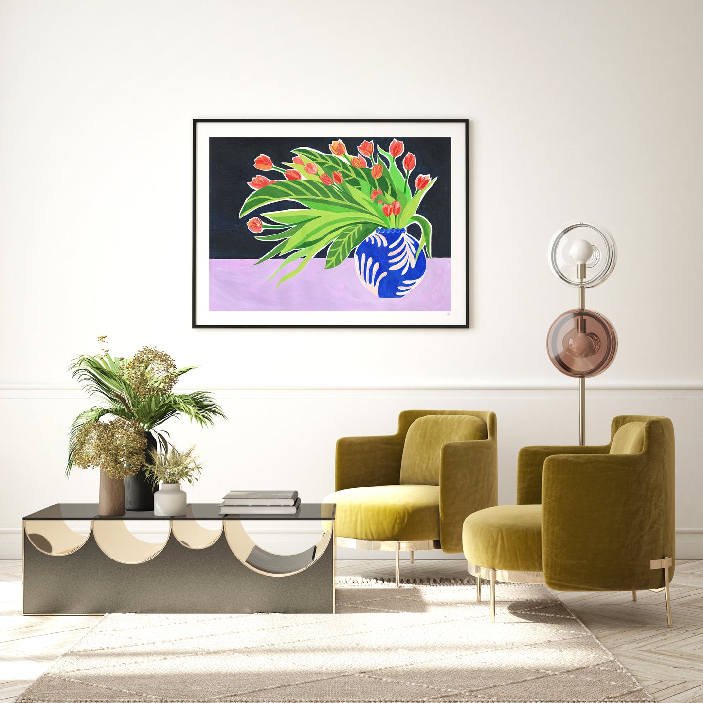Modern living room with green chairs, a decorative table, and a colorful painting of flowers on the wall.