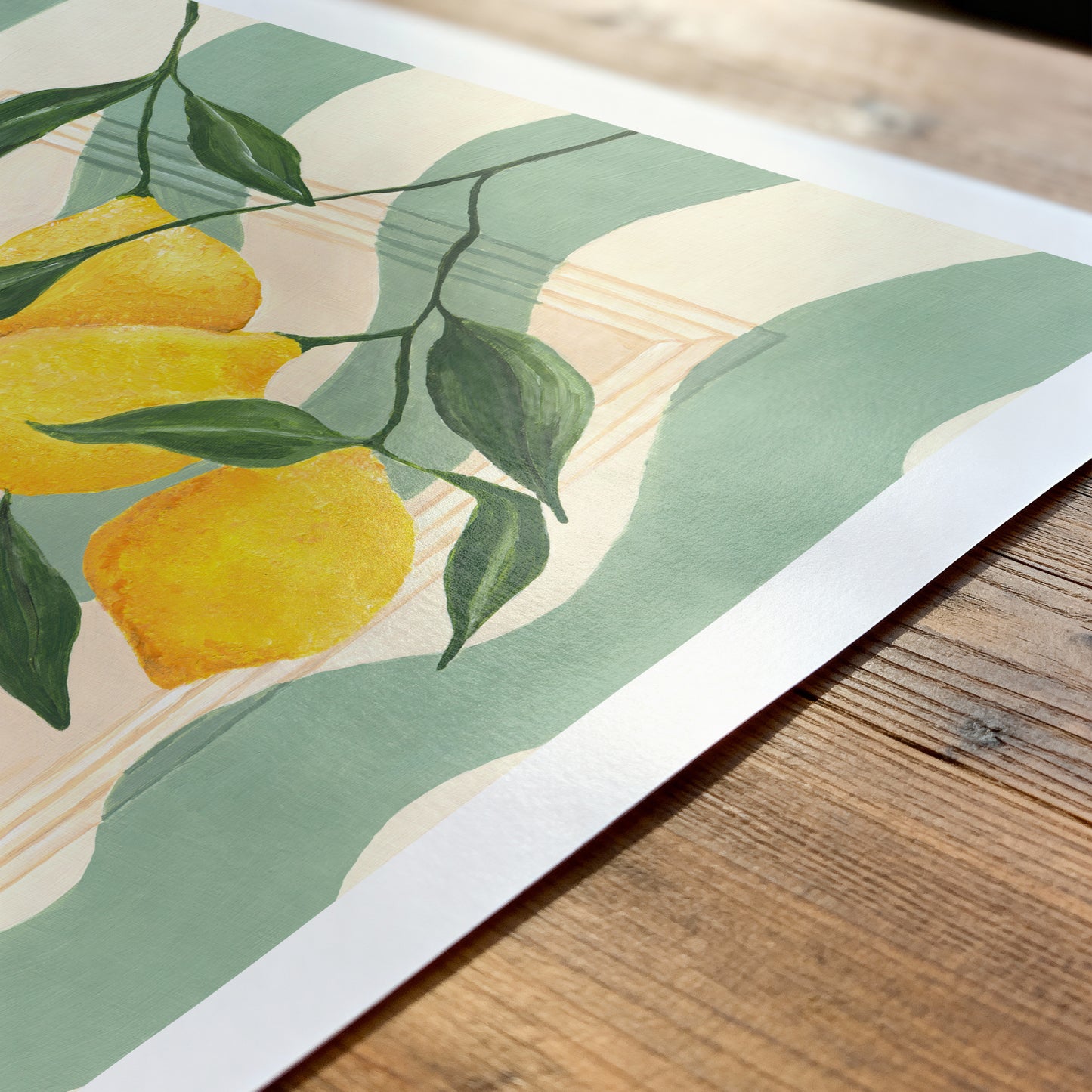 Illustration of lemons and leaves on a wooden surface