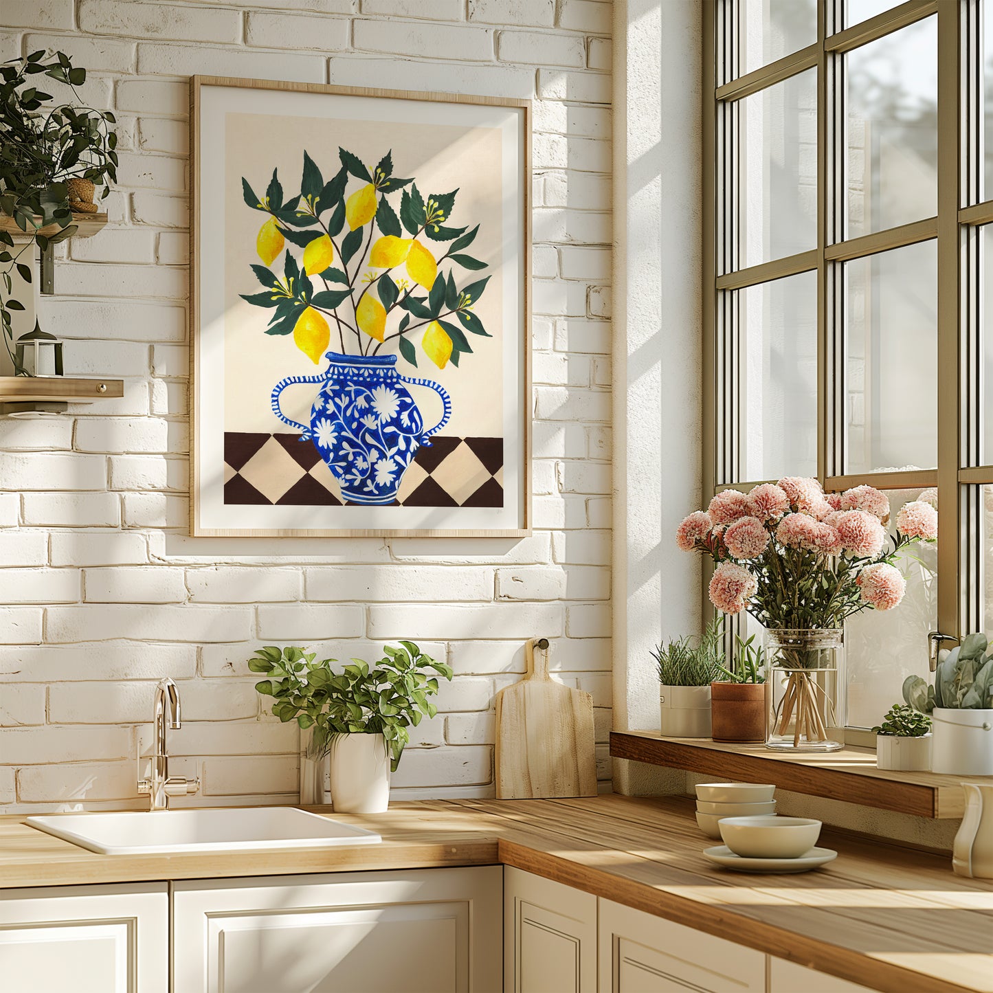 Kitchen interior with a decorative painting of lemons and a blue vase, plants, and a large window.