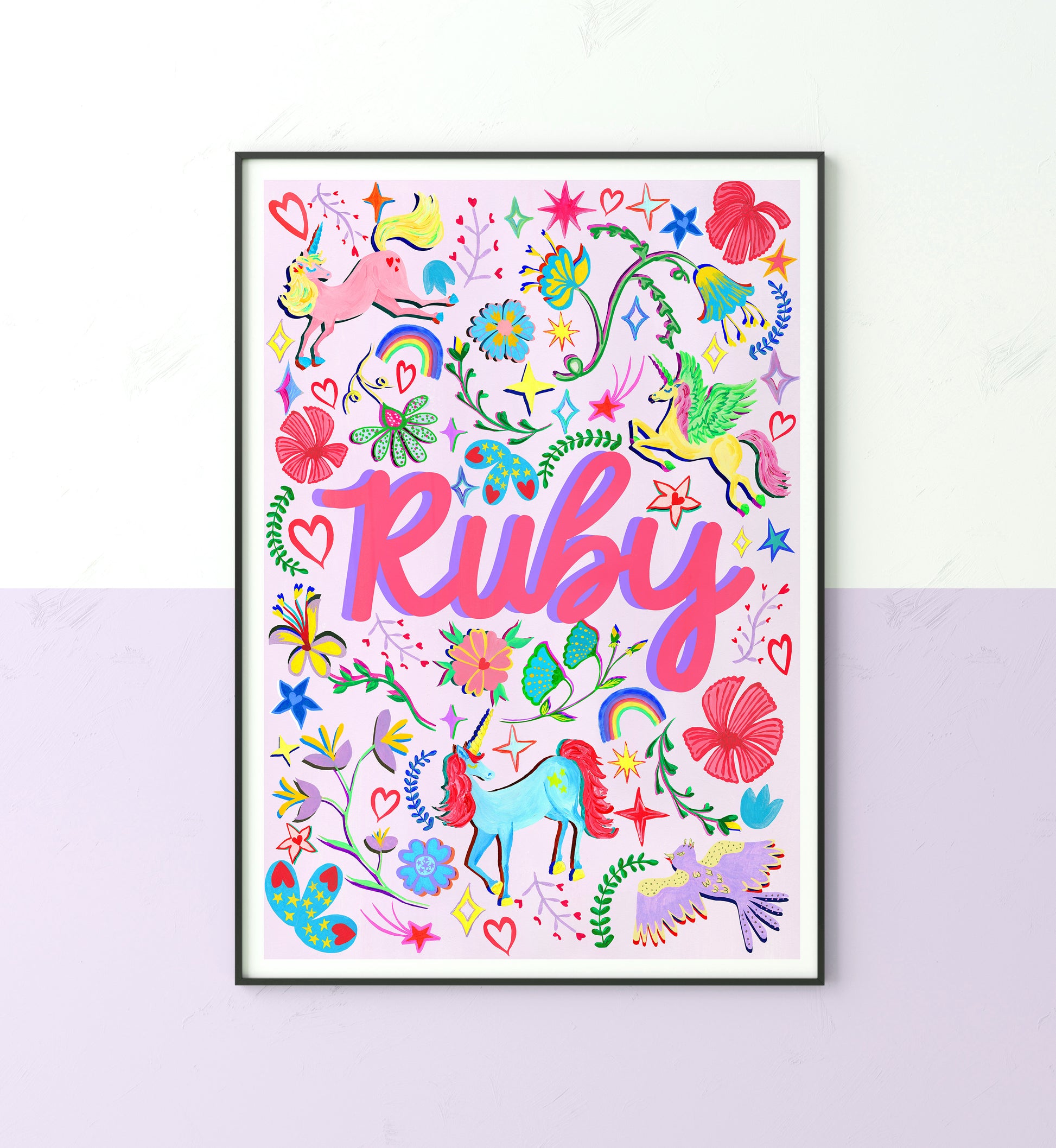 Colorful children's poster with unicorns and flowers featuring the name 'Ruby' on a white background.