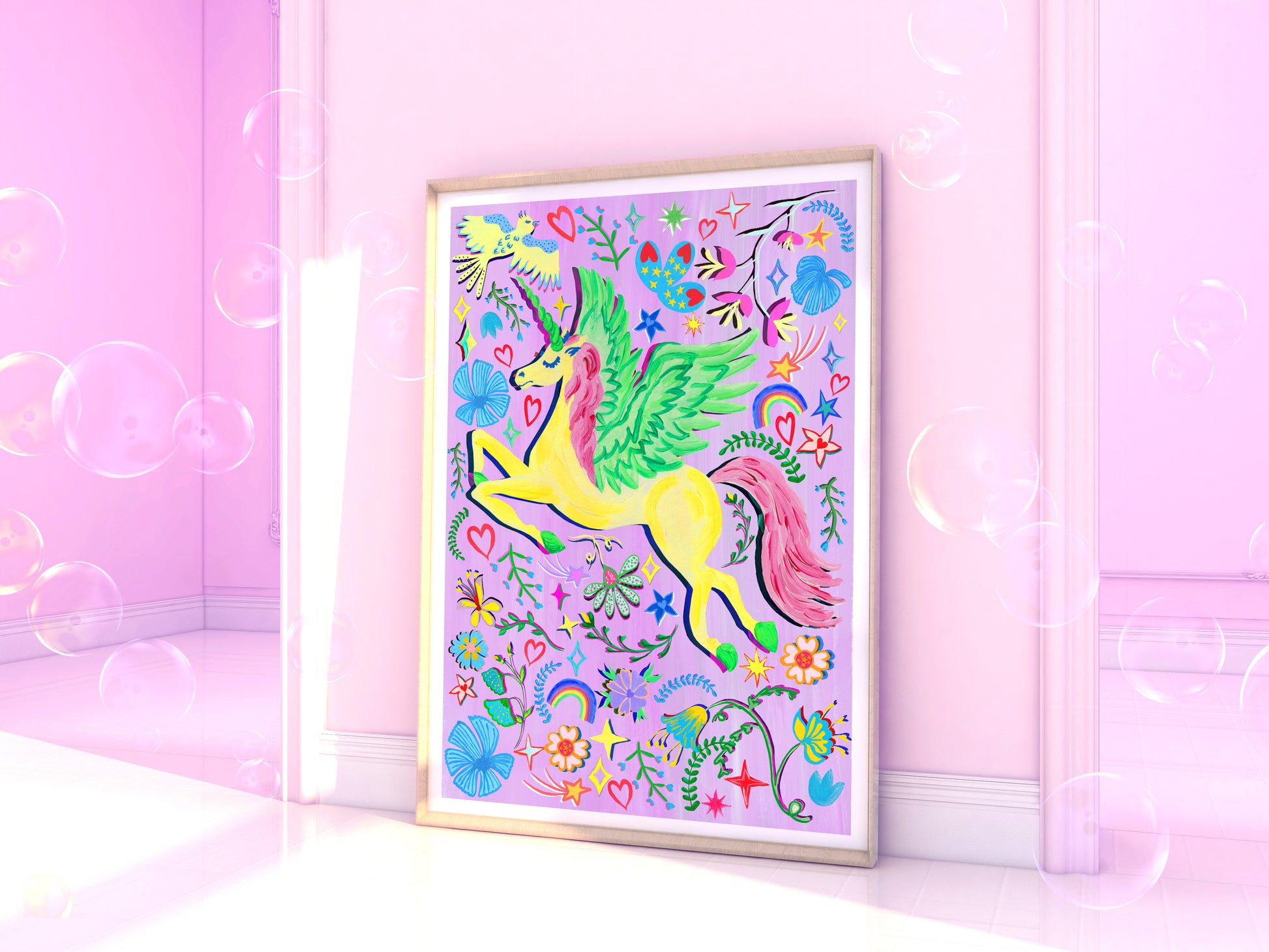 A bright colourful art print of a unicorn surround by flowers and rainbow illustrations on a purple background  place in a lilac walled room.