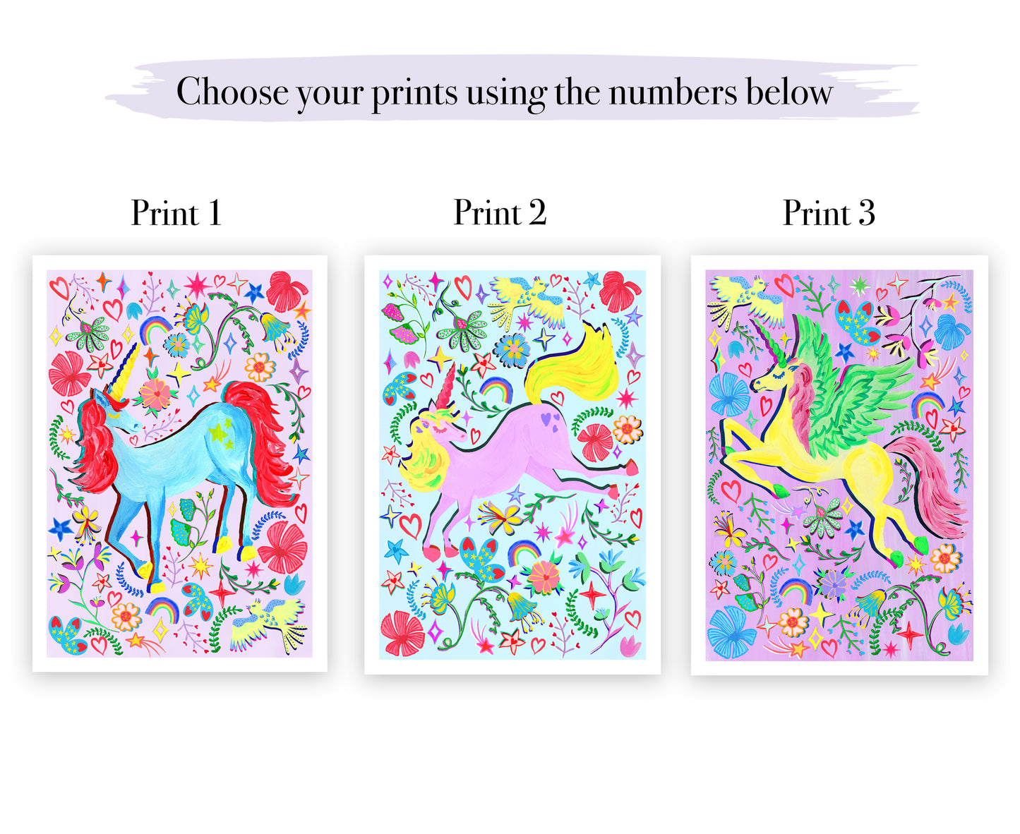Three colorful unicorn prints with floral designs on a white background.