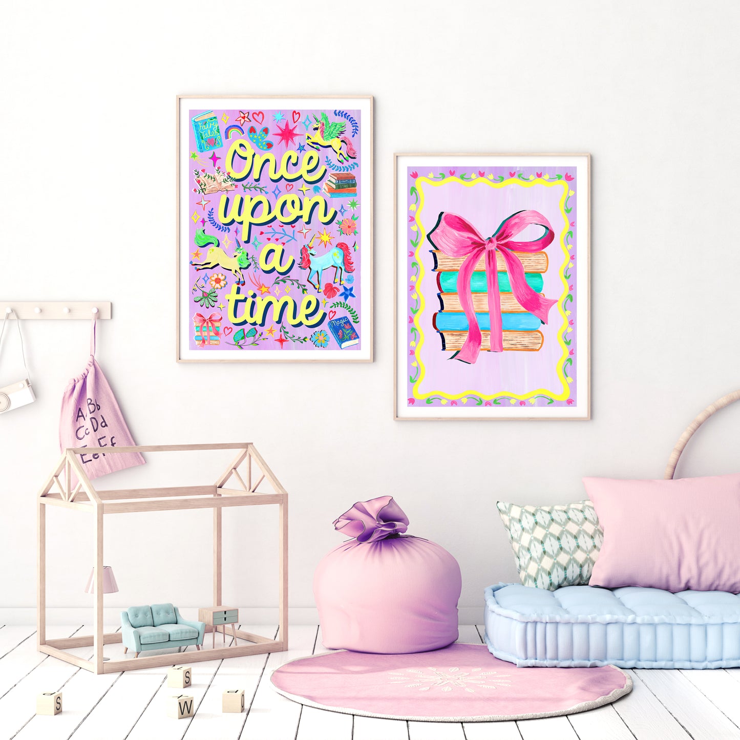 Children's room with colorful wall art and pink decor
