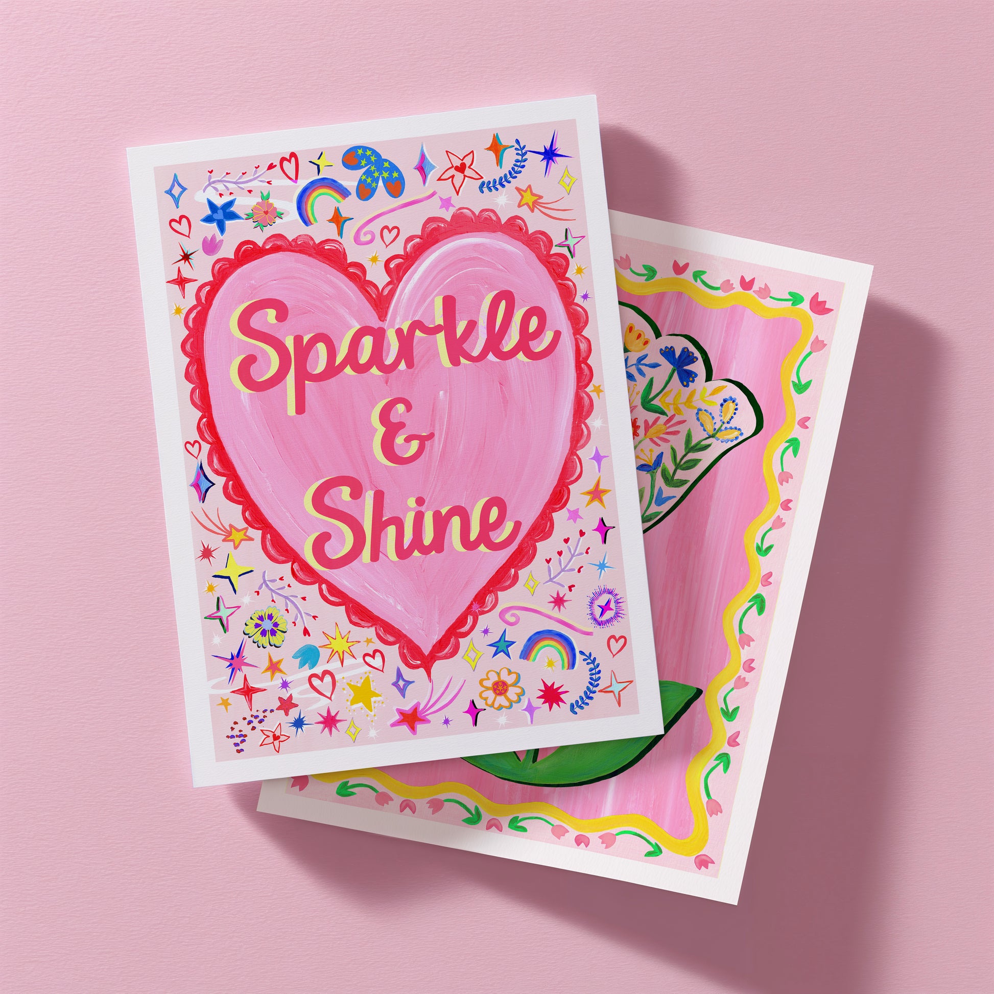 Colorful greeting card with 'Sparkle & Shine' text on a pink background