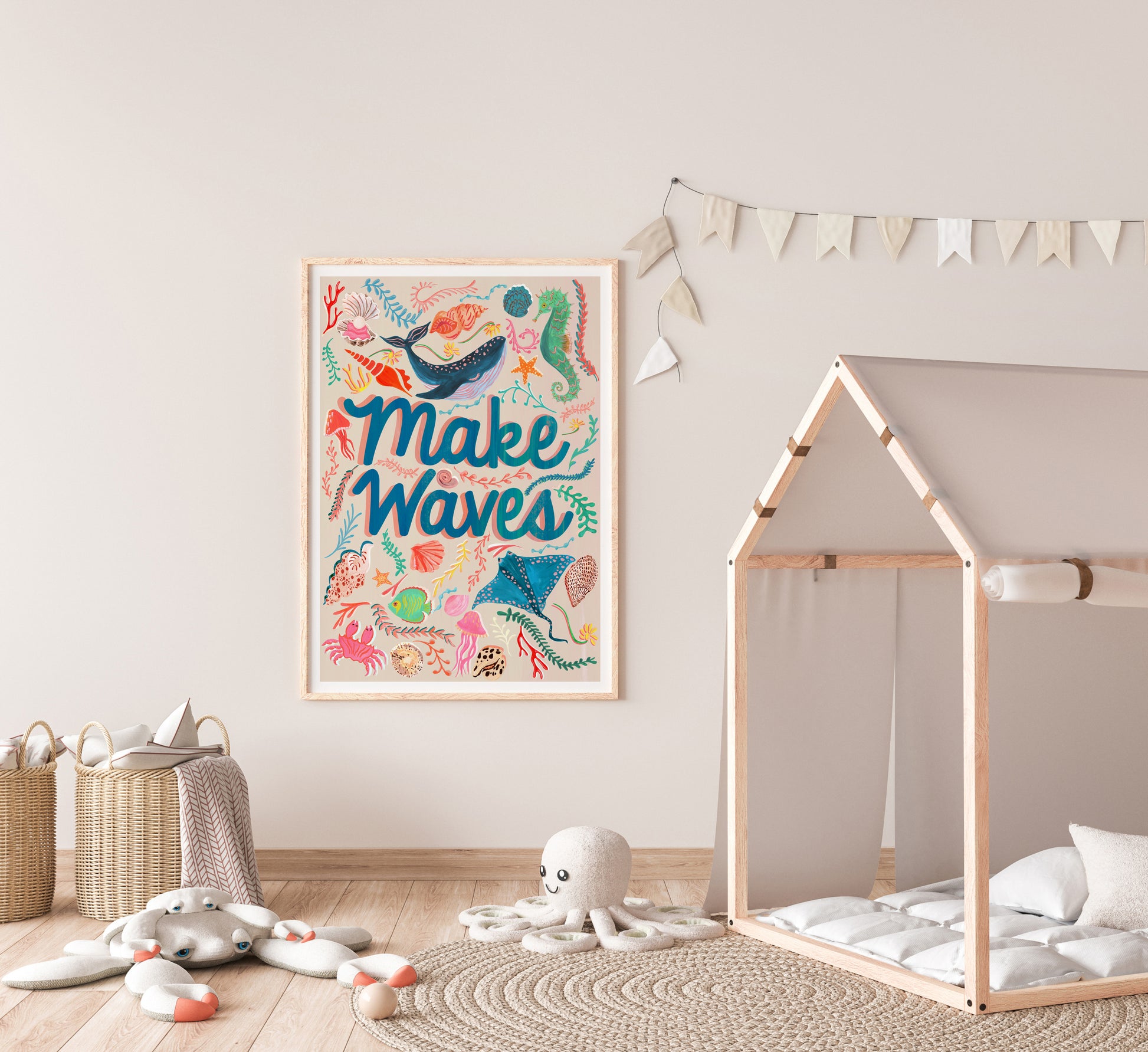 Children's room with a 'Make Waves' poster, wooden bed, and toys on a light wood floor.