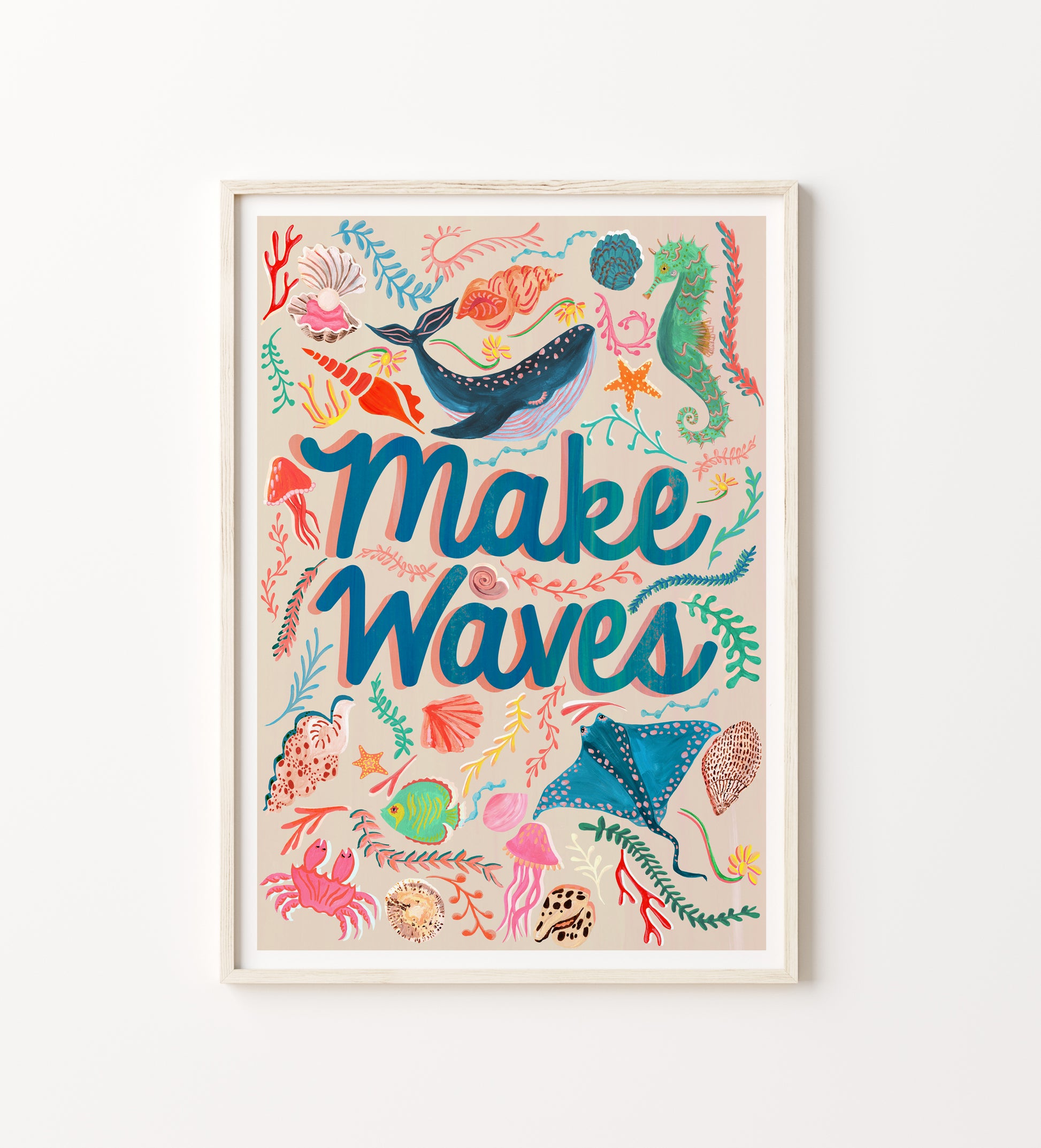 Framed artwork with sea-themed illustrations and 'Make Waves' text on a white background