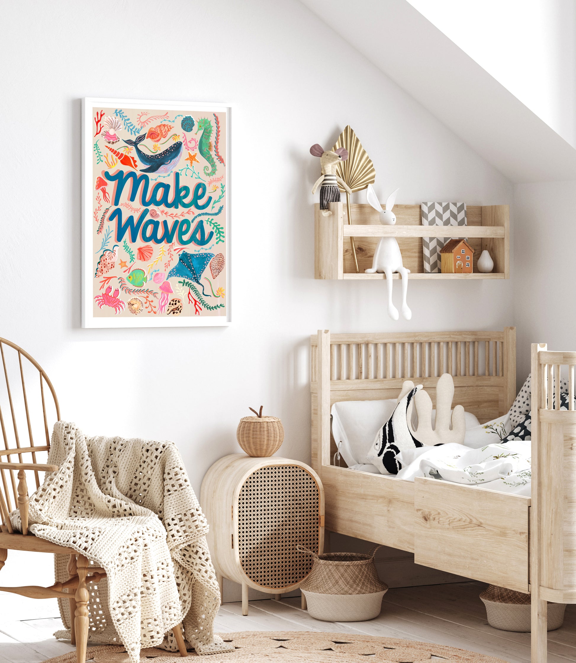 Children's room with wooden furniture, decorative items, and a colorful 'Make Waves' poster.