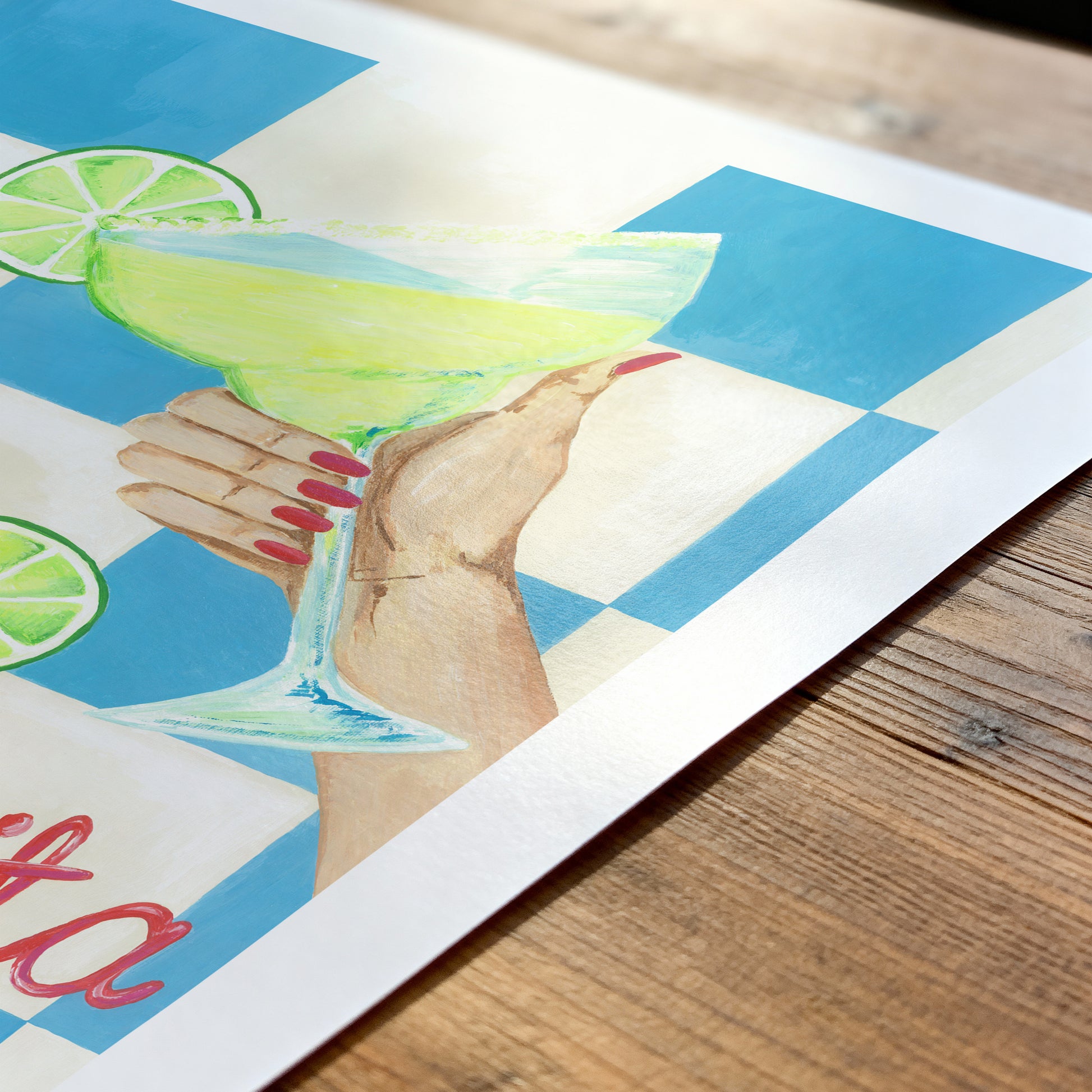 Colorful illustration of a hand holding a cocktail with lime wedges on a checkered background.