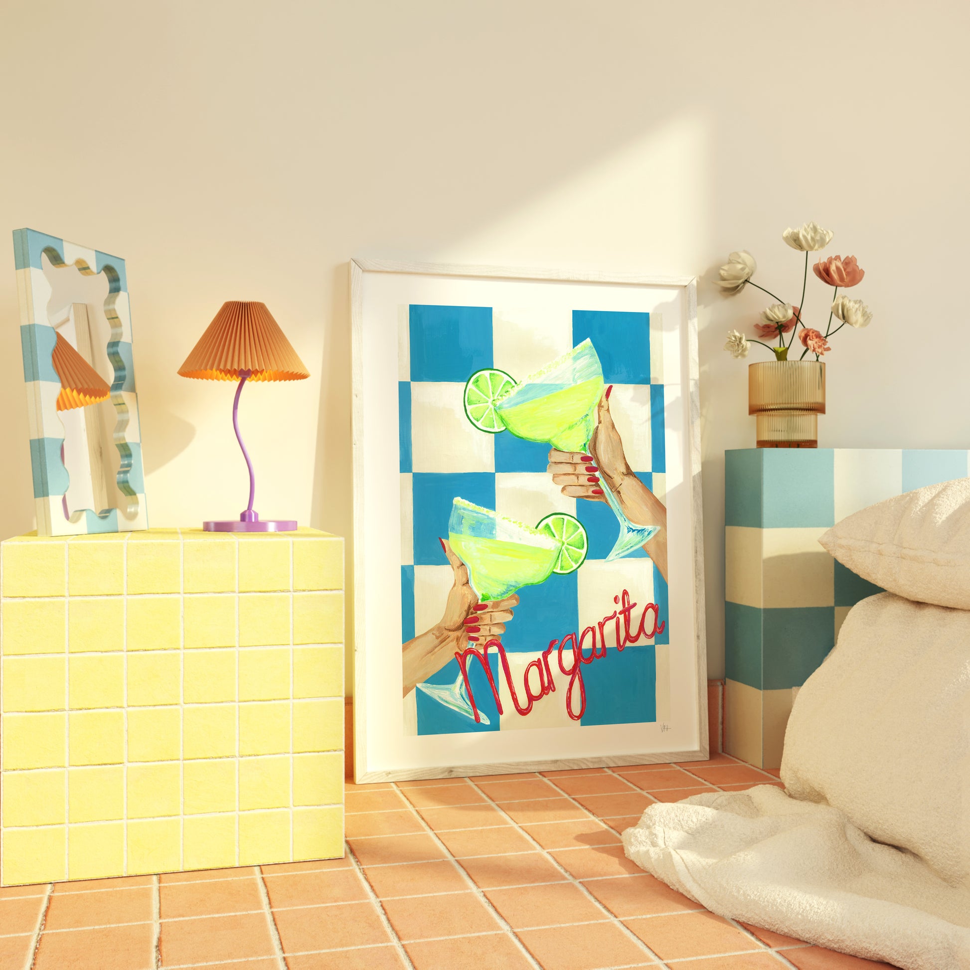 Decorative wall art with 'Margarita' design in a room setting.