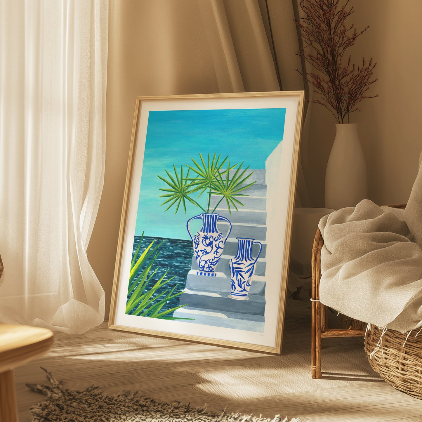 Framed artwork of blue vases and green plants on a wooden shelf.