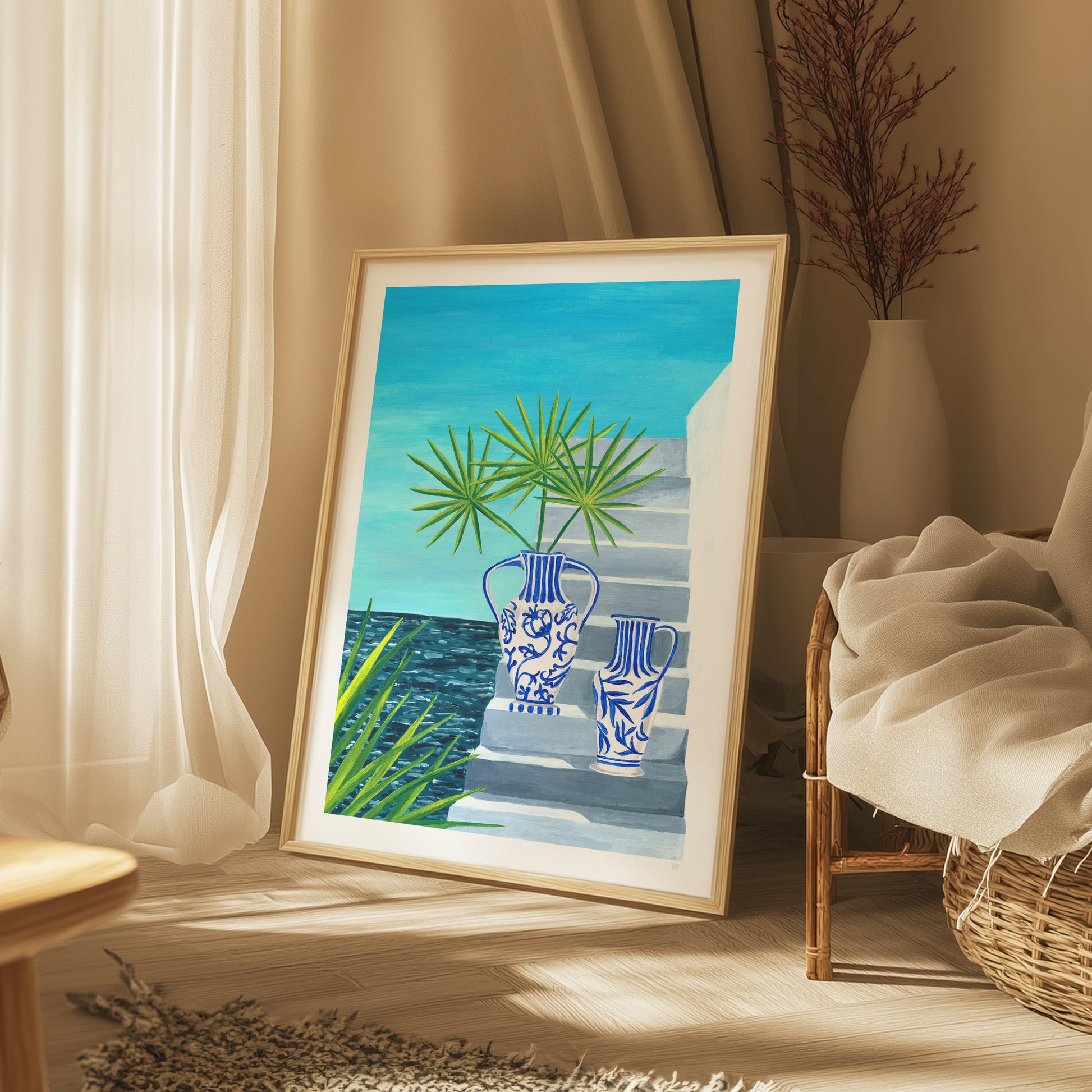 Framed artwork of blue vases and green plants on a wooden shelf.