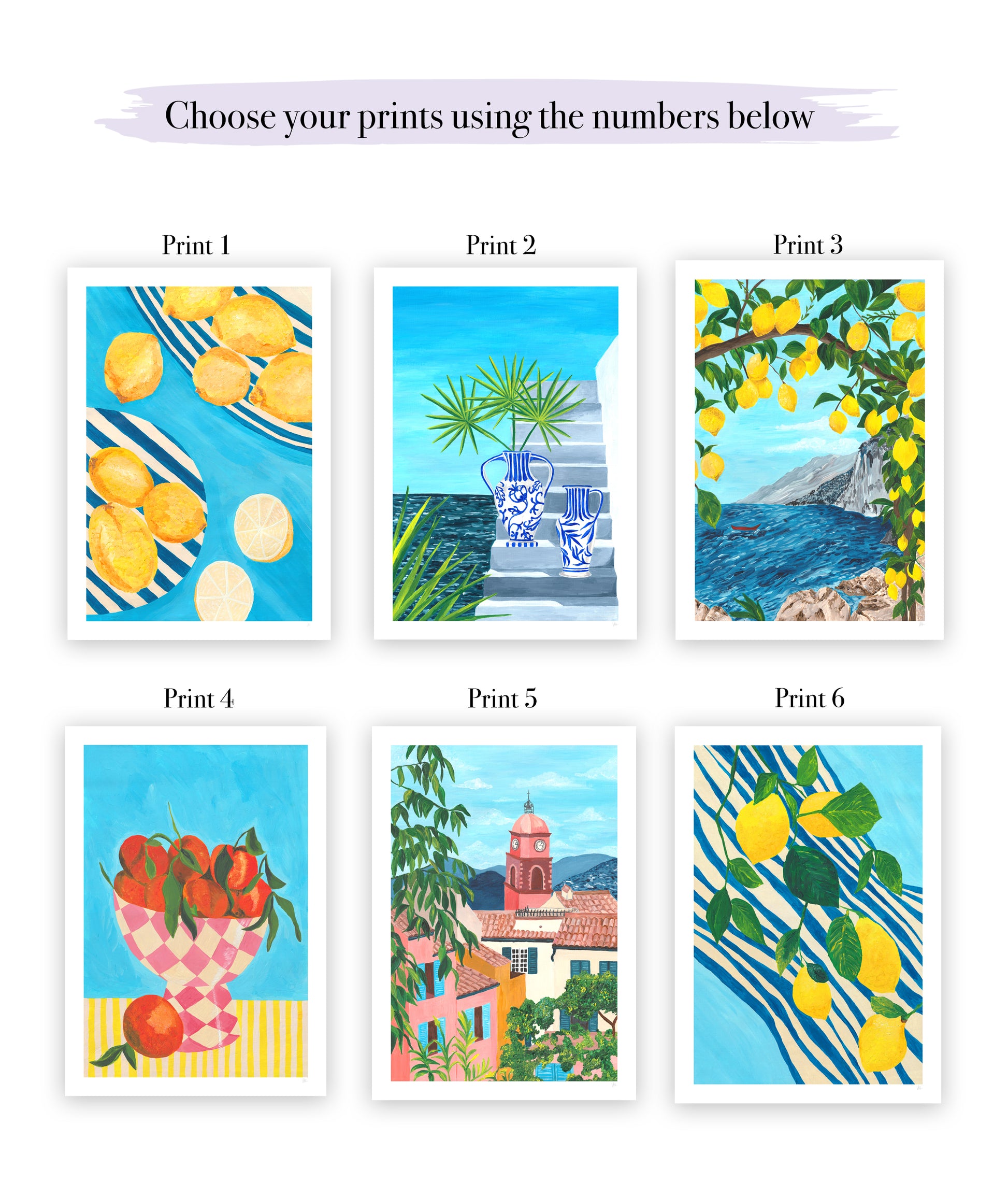Six art print options with lemons, tomatoes, and scenic views on a white background.