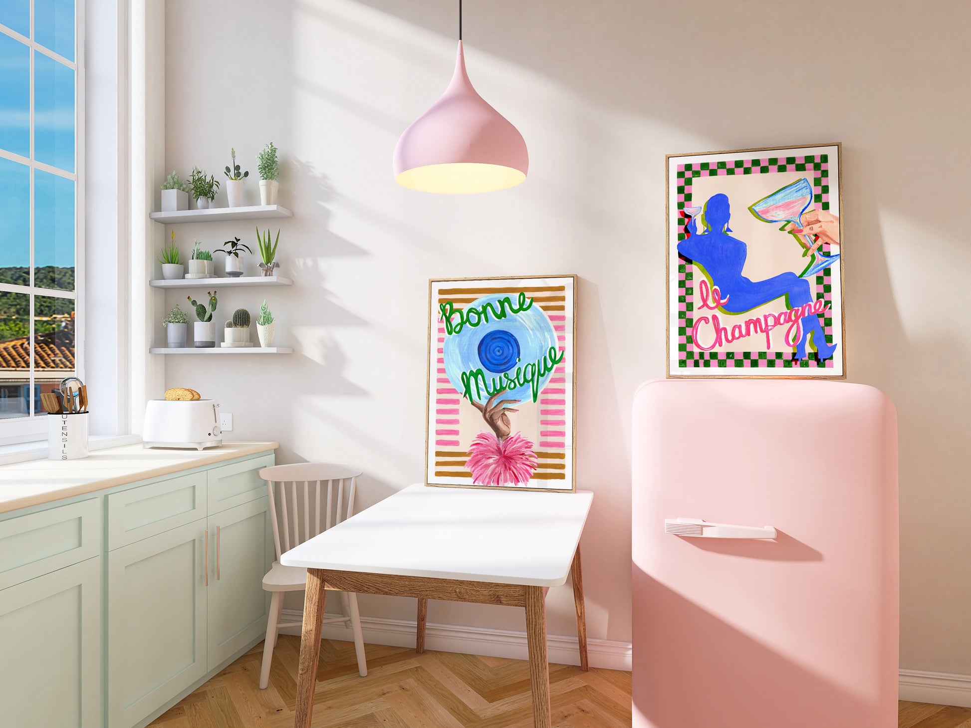 Modern kitchen with a dining table, chairs, and colorful wall art.
