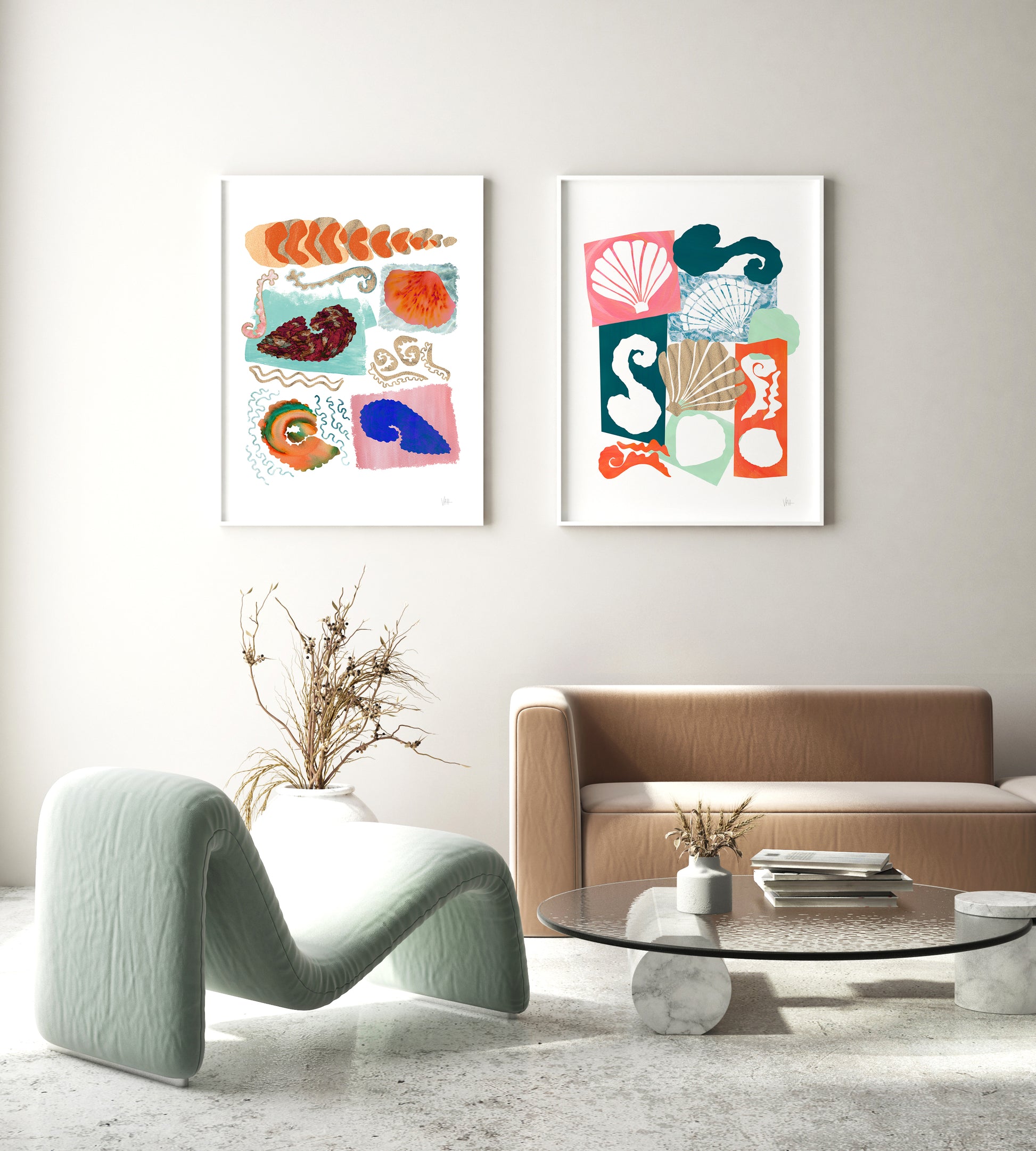Modern living room with abstract wall art and a beige sofa.