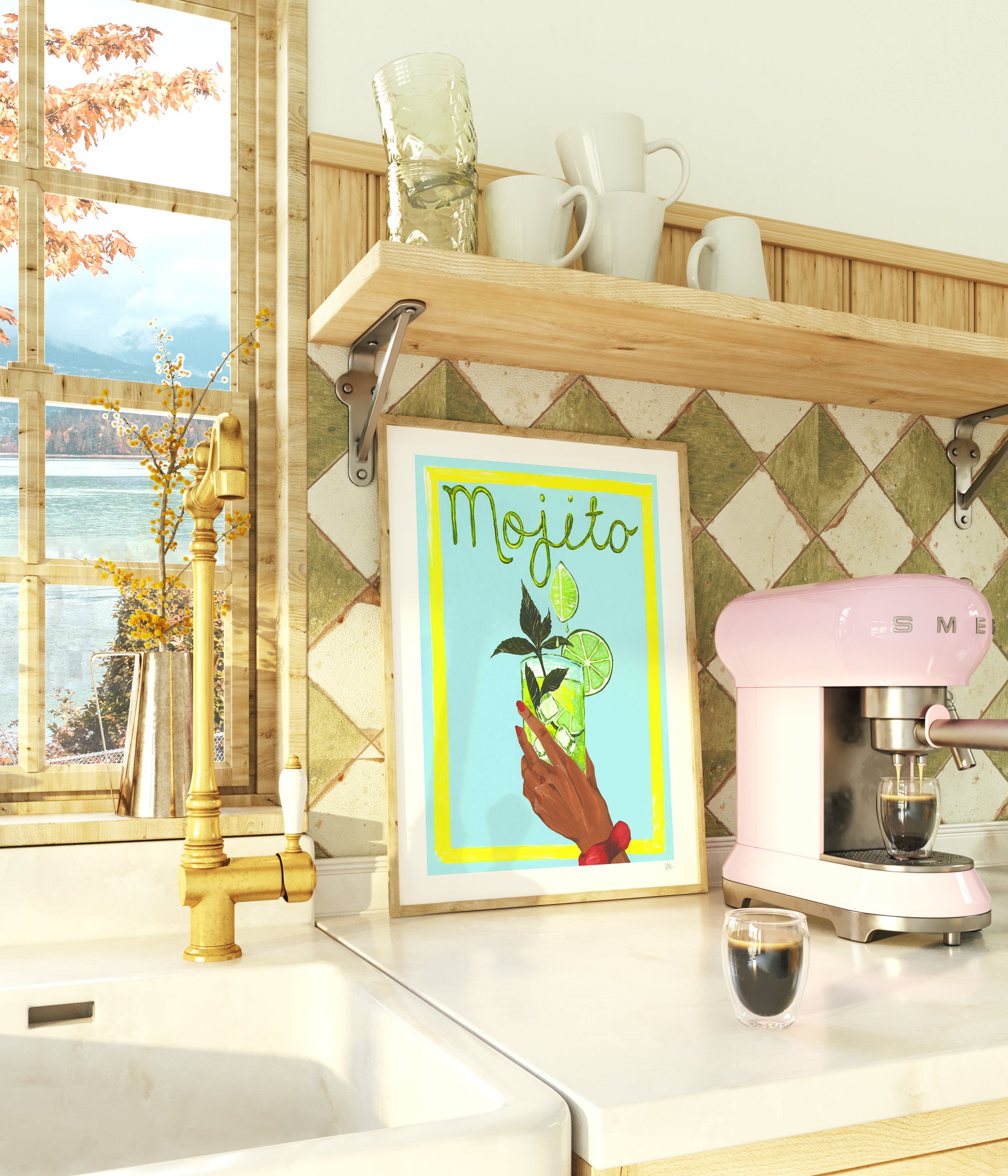 Kitchen counter with pink Smeg coffee machine, framed artwork, and window view.