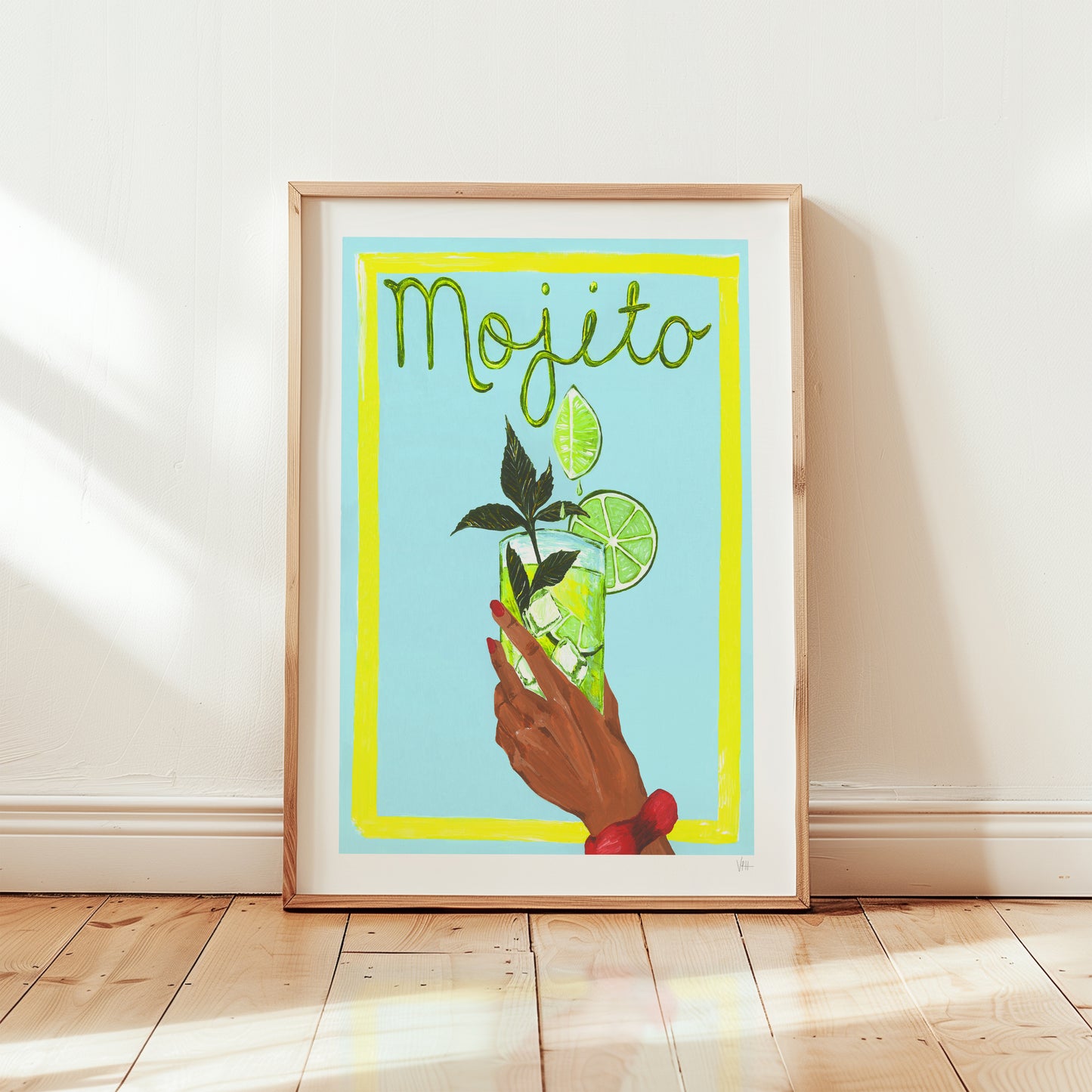 bright summer blue and green cocktail art print, with a retro style illustration of a hand holding a mojito cocktail with the words mojito hand painted at the top of the artwork