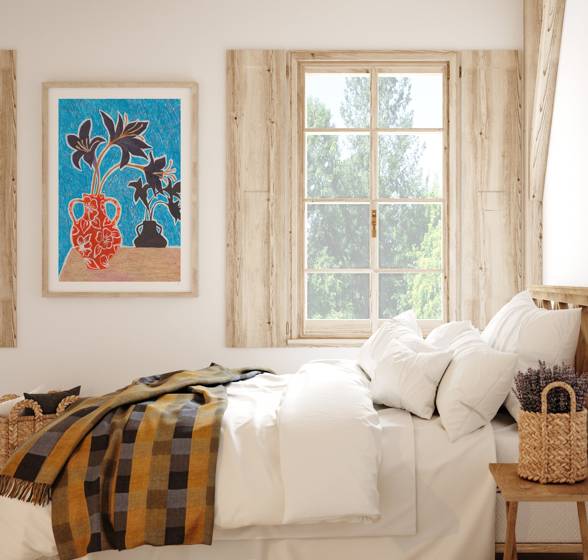 Cozy bedroom with a bed, plaid blanket, and Moody Floral Artwork on the wall.