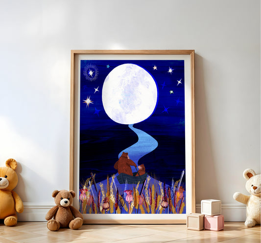Framed artwork of a bear and child under a moonlit sky, with teddy bears and blocks on a wooden floor.