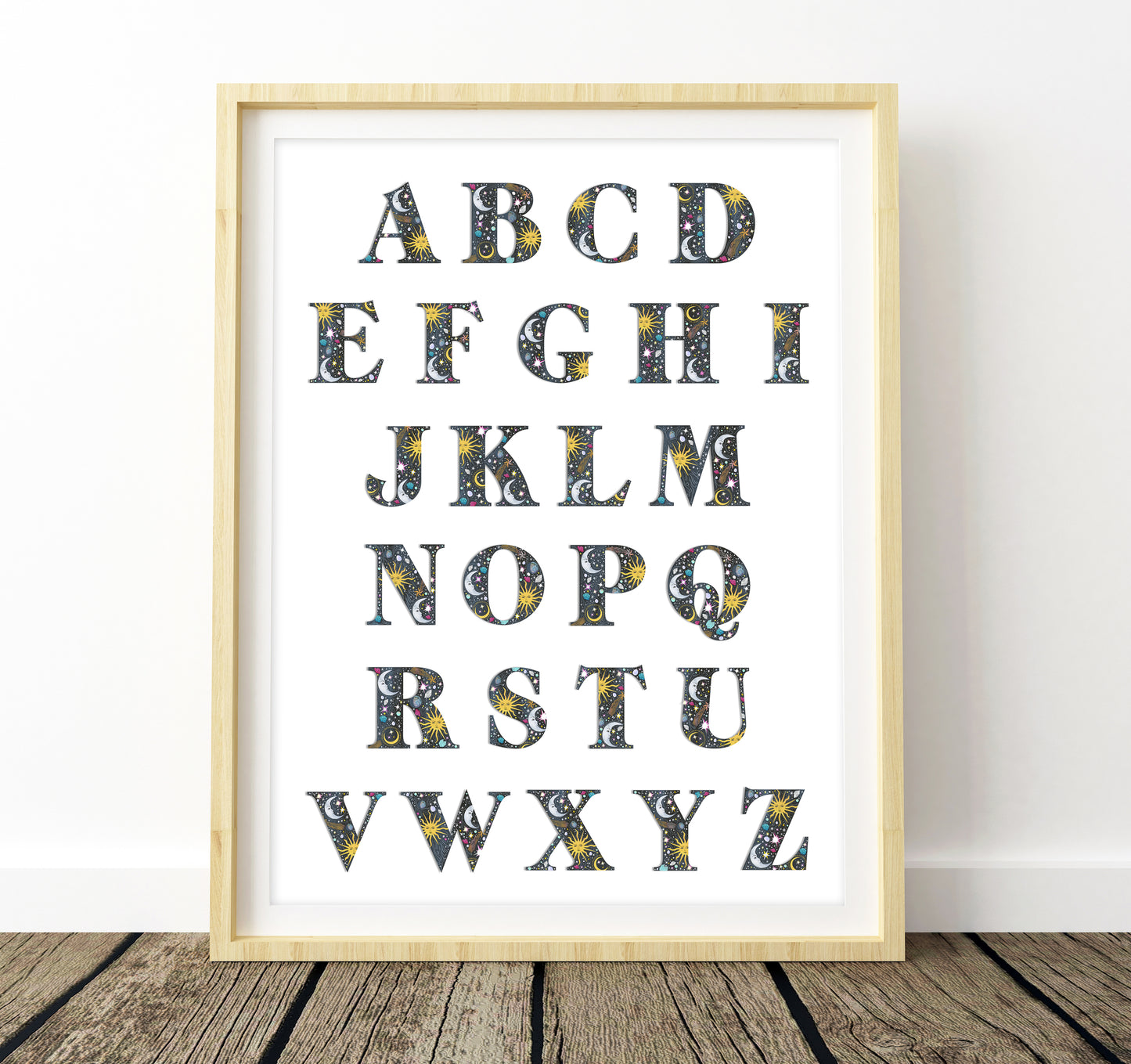 Framed alphabet poster with decorative letters on a white background