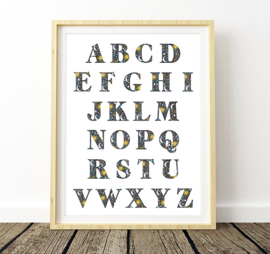 Framed alphabet poster with decorative letters on a white background