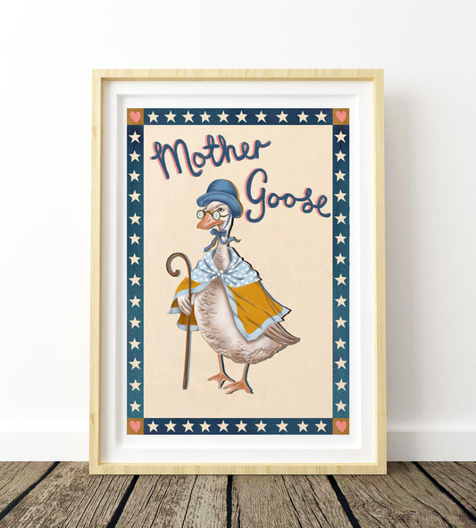 Framed artwork of a goose dressed as Mother Goose with stars and stripes border on a wooden floor.
